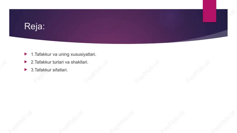 obrazli tafakkur – bu obrazlar yordamida mulohaza yuritish jarayonining bir turi. ular xotiradan olinadi yoki tasavvurda hosil qilinadi. ko‘pincha tafakkurning bu turi badiiy ijodkorlik faoliyati bilan shug‘ullanuvchi odamlarda ustun bo‘ladi. tushunchali tafakkur voqelikni aniq va umumlashtirgan holda aks ettiradi, lekin bunday aks ettirish mavhumdir. o‘z navbatida, obrazli tafakkur atrofimizdagi olamni aniq va sub’ektiv aks ettirish imkonini beradi. shunday qilib, tushunchali va obrazli tafakkurlar bir-birini to‘ldiradi. ko‘rgazmali-obrazli tafakkur obrazlarni qo‘llash bilan bog‘liq. bu tafakkur odam biror masalani echishda turli obrazlarni, hodisalar va jismlar haqidagi tasavvurlarni tahlil qilishida, qiyoslashtirishida, umumlashtirishida namoyon bo‘ladi. tafakkur sifatlari. ayrim kishilarning tafakkuri o’zining mazmundorligi, chuqurligi va kengligi jihatidan, mustaqilligi, samaraliligi va tezligi jihatidan turli hol­larda turlicha namoyon bo’ladi. bular tafakkurning sifatini tashkil qiluchi belgilardir. tafakkurning mazmundorligi, avvalo, u yoki bu narsalar yoki hodisa­lar to’g’risidagi, voqelikning u yoki bu sohalari to’g’risidagi muhokamalar va tushunchalar odamning ongida qanchalik o’rin olganligidan kelib chiqa­di. odamda fikr nechog’li ko`p bo’lsa va bu …