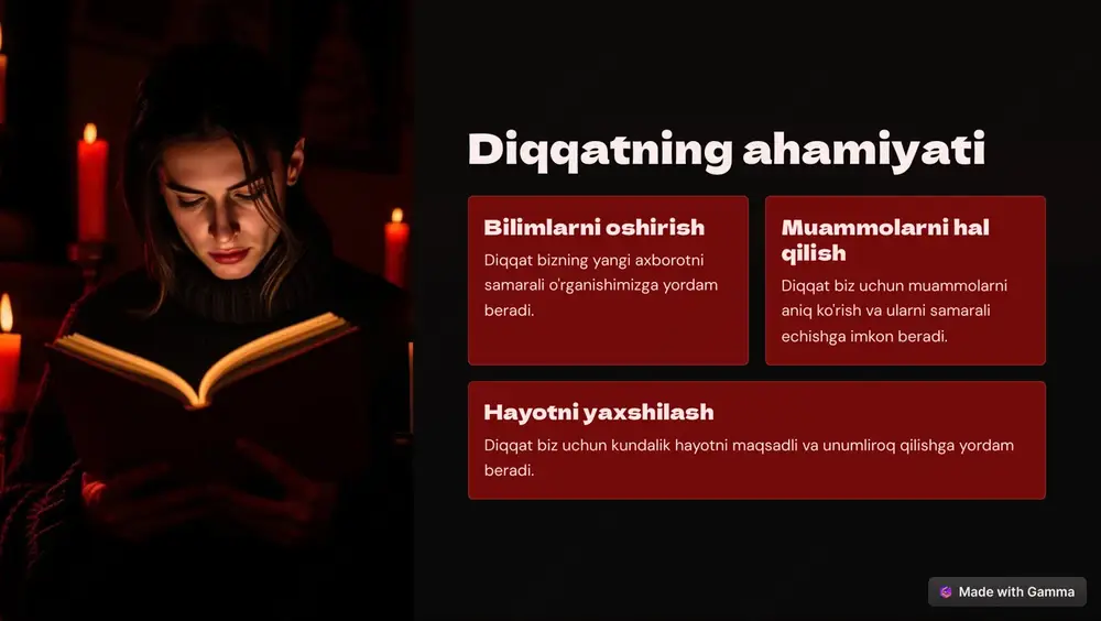 maqsadlar aniq, o'lchanadiganlar, erishish mumkin, mavjud va vaqt chegarasi bor maqsadlar qo'yish. 2 yo'nalish kundalik ishlarimizda maqsadlarimizga yo'naltirilgan bo'lishimiz muhim. 3 faollik diqqatli bo'lish va maqsadlarni amalga oshirish uchun aktiv harakat qilish. https://gamma.app/?utm_source=made-with-gamma xulosa va tavsiyalar diqqat - bu hayotimizni maqsadli va samarali qilish uchun muhim ko'nikma. diqqatni rivojlantirish, vaqtni boshqarish va stressni kamaytirish orqali biz o'z hayotimizni yaxshilashimiz va muvaffaqiyatli bo'lishimiz mumkin. https://gamma.app/?utm_source=made-with-gamma