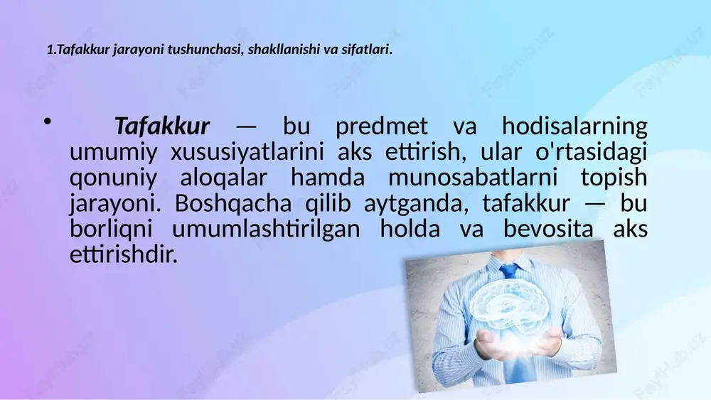 ni ajratib ko'rsatish asosida bir-birlari bilan fikran birlashtirishdir. konkretlashtirish — obyektiv dunyoda haqiqatda mavjud bo'lgan predmet yoki hodisa misolida predmet yoki hodisani ko'rsatish, ochib berishdir. klassifikatsiya (tasnif) — ko'p narsalarni, holatlarni, kechinmalarni guruhlarga bo'lish. tushuncha — bu predmet va hodisalardagi umumiy va muhim xususiyatlar hamda sifatlarning kishi ongida aks etishidir. tushuncha konkret abstrakt 13 muhokama — biron narsa, hodisa (yoki biror kimsa) haqida biror nimani tasdiqlash yoki inkor qilish demakdir. xulosa chiqarish — tafakkurning tarixan tarkib topgan mantiqiy shaklidir. tafakkurning shu mantiqiy shakli vositasi bilan bir yoki bir necha ma'lum hukmlar (asoslar) dan yangi hukm — xulosa chiqariladi. agar odam o'zining chiqaradigan xulosasida ayrim xususiy muhokamalardan umumiy xulosa chiqaradigan bo'lsa, bunday xulosa induktiv xulosa nomini oladi. biror umumiy holatni ifodalovchi hukmlardan umumiyligi kamroq bo'lgan yoki ayrim hodisalarni ifodalaydigan hukmga o'tish jarayoni deduktiv xulosa chiqarish deyiladi. aql (intellekt) olingan bilimlarni, tajribani va ularni yanada boyitishga va aqliy faoliyatda foydalanishga bo'lgan qobiliyatni …