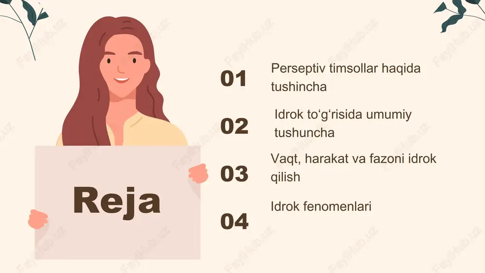 bir-biri bilan bog'langan holda idrok qilinadi. biz narsalarni, ularga xos bo'lgan fazodagi shakllari (kub, uchburchak, doira va hokazo shakllari)ga, fazodagi katta-kichikligi (katta, kichkina, mayda va hokazo)ga, fazodagi munosabatlari (birbiriga va bizga nisbatan yaqin, uzoq, chap, o‘ng tomonda, yuqori va past turishlari)ga qarab idrok qilamiz, ular tinch yoki harakat holatlarida idrok qilinadi. biz idrok qilib turgan narsa va hodisalami ma’lum vaqt (zamon) davomida paydo bo'lish va o‘zgarib borishlarida idrok qilamiz idrok jarayonini, ya’ni ongimizning bevosita aks ettiruvchi faoliyatini narsalarni idrok qilish (aks ettirish)dan hosil bo`ladigan subyektiv obraz idrok murakkab psixik jarayondir. sababi, har bir idrok tarkibiga ayni vaqtda bir necha sezgi kiradi shakli rang hid shirin chuchuk og'ir-yengillig qattiq-yumshoqligi idrokning retseptiv tomoni idrokning perseptiv tomoni shu xossalarning jamini sezishdan idrok qilayotgan narsaning dastlabki bevosita obrazi bunda shu xossalar narsaning o'zida qanday bog'langan bo'lsa, ayni shu tarkibda seziladi. shu sababli idrok qilinayotgan narsaning dastlabki obrazi ham sezgilarning mexanik jami (yig'indisi)dan iborat bo'lmay, …