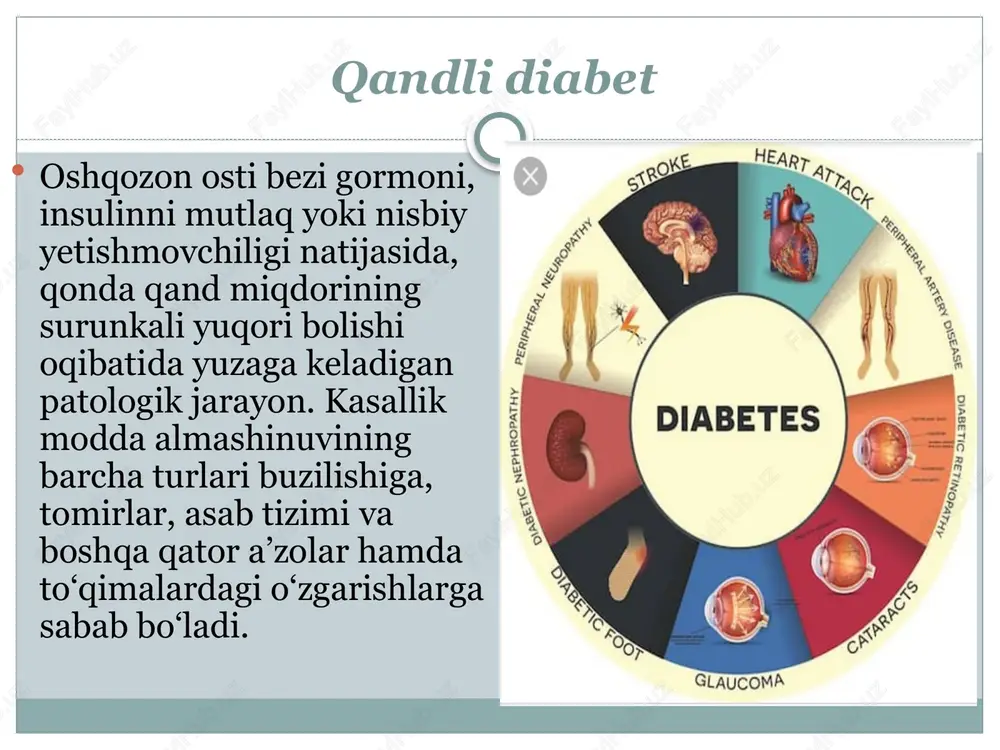 - bu glyukozaning yuqorligi sababli siydik osmotik bosimini ko‘tarilishi natijasida uning ajralishini keskin ko‘payishi; polidipsiya - doimiy chanqoqlik hissi. ko‘p miqdorda siydik ajralishi va qonning osmotik bosimi ko‘tarilishi tufayli vujudga keladi; polifagiya - doimiy ochlik hissi- hujayralarning glyukozani qabul qilish va ishlab chiqarish xususiyatini yo‘qotishi bilan bog‘liq; ozib ketish (ayniqsa birinchi tip qandli diabetda) - diabetning ko‘p uchraydigan belgilaridan biri bo‘lib, bemorlarda ishtaha yuqori bo‘lishiga qaramasdan rivojlanadi. ba’zan kaxeksiya darajasigacha ozib ketish oqsillar hamda yog‘laming yuqori katabolizmi tufayli yuzaga keladi va hujayralarda energiya almashinuvida glyukozaning qatnashmasligi sababli kelib chiqadi. ikkilamchi belgilari kasallikni 2 - tipida klinik belgilar sekin - asta namoyon bo‘ladi va ba’zan bemorlar dermatolog yoki ginekolog maslahatiga zamburug1 kasalliklari, chipqon va tashqi jinsiy a’zolar sohasidagi qichishishlar bilan murojaat qilganda aniqlanadi. 2 - tip qandli diabetning ikkilamchi belgilari uzoq vaqt davomida sekin - asta rivojlanib ularga quyidagilar kiradi: teri va shilliq qavatlaming qichishishi (qin qichishishi); og‘iz qurishi; mushaklarning umumiy …