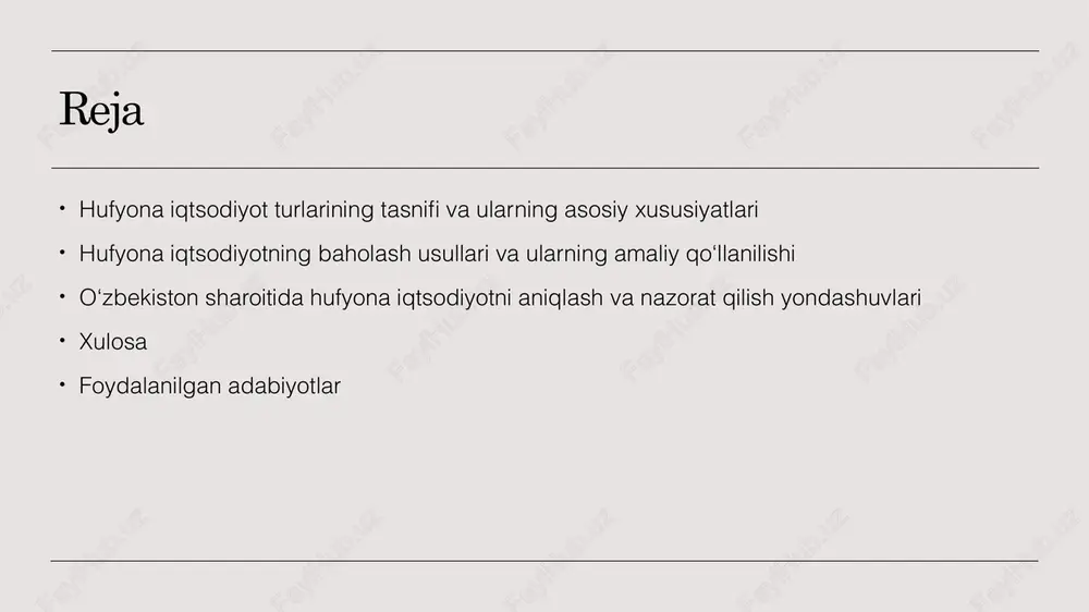 fyona iqtisodiyotning nazariy va amaliy jihatlari orasida muhim farqlar mavjud. nazariy yondashuvlar umumiy tushunchalarni ta’minlaydi, amaliy usullar esa real holatlarni aniqlashda qo‘llanadi. 02 aniqlash usullari hufyona iqtisodiyotni aniqlash uchun statistik, inspeksiya va so‘rov usullari ishlatiladi. har bir usulning o‘ziga xos xususiyatlari va aniqlik darajasi bor. 03 xususiyatlar va farqlar hufyona iqtisodiyotning asosiy xususiyatlari: rasmiy bo‘lmagan faoliyat, soliqdan ozodlik va rasmiy statistikalarga kiritilmaydi. aniqlashda bu farqlar muhim ahamiyatga ega. hufyona iqtsodiyotning baholash usullari: nazariy asoslar va metodologik yondashuvlar 1 hukuki asoslar hufyona iqtisodiyot baholashda huquqiy me'yorlar va qonunchilik asoslari muhim ahamiyat kasb etadi. bu yondashuv iqtisodiy faoliyatni rasmiylashtirish va nazorat qilish uchun asos bo'ladi. 2 statistik metodlar statistik usullar orqali yashirin iqtisodiyot hajmi va ta’sirini aniqlash mumkin. bu yondashuvda savolnomalar, statistik modellash va tahlil metodlari qo‘llaniladi. 3 model va indikatorlar turli iqtisodiy modellardan foydalanib, yashirin iqtisodiyotning o‘lchami va ta’sirini baholash mumkin. asosiy indikatorlar va ko‘rsatkichlar bu jarayonni aniqroq qiladi. 4 innovatsion …