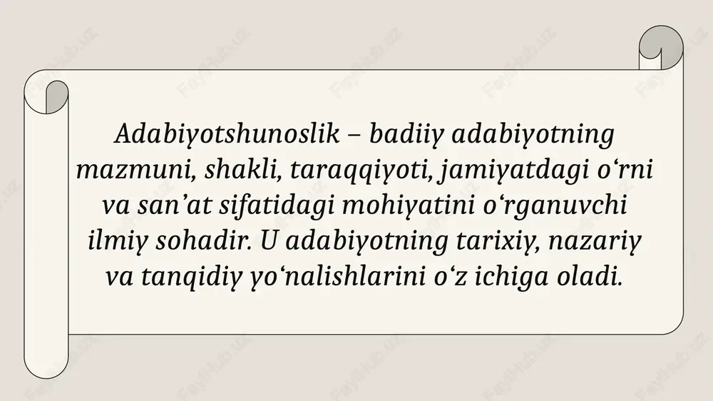 9 10 stilistika – yozuvchi uslubining o‘ziga xosliklarini, til vositalarining badiiy ta’sirini tadqiq etadi. estetik tahlil esa asardagi go‘zallik, ideal, hissiy ta’sir kabi jihatlarni o‘rganadi. ikkisi adabiyotshunoslikni san’at darajasiga ko‘taradi. 11 bugungi kunda strukturalizm, semiotika, hermenevtika, psixoanaliz, gender tadqiqotlari kabi yangi yondashuvlar adabiyotshunoslikka kirib keldi. bular yordamchi fanlar bilan bevosita bog‘liq. raqamli texnologiyalar rivoji bilan raqamli gumanitar fanlar (digital humanities) adabiyotshunoslikda yangi bosqichni boshlab berdi. matnlarni avtomatik tahlil qilish, stilometrik tadqiqotlar kengaymoqda. 12 adabiy matnni to‘g‘ri talqin qilishda yordamchi sohalar muhim. masalan, manbashunoslik tarixiy asosni, matnshunoslik esa to‘g‘ri nusxani beradi, stilistika esa badiiy tahlilga estetik yo‘nalish beradi. 13 14 zamonaviy adabiyotshunoslik endi yakka yo‘nalishda emas, balki interdisiplinar integratsiya orqali rivojlanmoqda. har bir yordamchi soha bir butun ilmiy manzarani yaratishda o‘z hissasini qo‘shadi. adabiyotshunoslikning yordamchi sohalari – bu fan tizimining tayanchi, ilmiy asosidir. ular adabiy merosni chuqur o‘rganish, badiiy tafakkurni tahlil qilish va milliy adabiyot tarixini ilmiy asosda anglashga xizmat qiladi. …