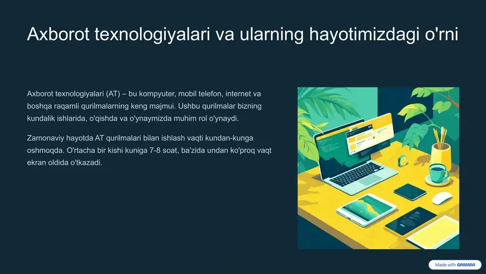 a uzoq muddat ta'siri elektromagnit nurlanish haqida bilish: at qurilmalari elektromagnit nurlar tarqatadi. bu nurlar miya faoliyati, sezish qobiliyati va uyqu sifatiga zarar yetkazishi mumkin. xavfsizlik tadbiri: telefondan ko'p gaplashish pauzalarini qilish kerak. gaplashishlar orasida 15-20 daqiqalik tanaffus ish beradi. 6 sog'lom foydalanish uchun amaliy tavsiyalar 01 ko'z mashqlari kompyuter oldida ishlashdan keyin 5-10 daqiqalik ko'z mashqlari va masofga qarating. 02 jismoniy harakat har soatda turib turish, cho'zilish va engil jismoniy faollik qilish zarur. 03 to'g'ri o'tirish noutbukni faqat stol ustida ishlatish, yotoqda emas. ergonomik stol va kursi ishlatish muhim. 04 hava almashish xonani tez-tez shamollatib turish o'zaro kasallik tarqalishini oldini oladi va sog'liq osiladi. 7 zamonaviy texnologiyalar va sog'liqni saqlash sog'liqni yo'qlamaning yangi usullari: uzoq muddat monitoring uchun kontaktlarsiz sensorlar va raqamli sog'liq texnologiyalari rivojlanmoqda. ular orqali sog'liq holatini erta aniqlash va profilaktika qilish mumkin bo'ladi. miyopnosh sensorlari yurak urishi va tanasi haroratini kuzatadi. uya sog'ligi platformalari telemeditsina va …