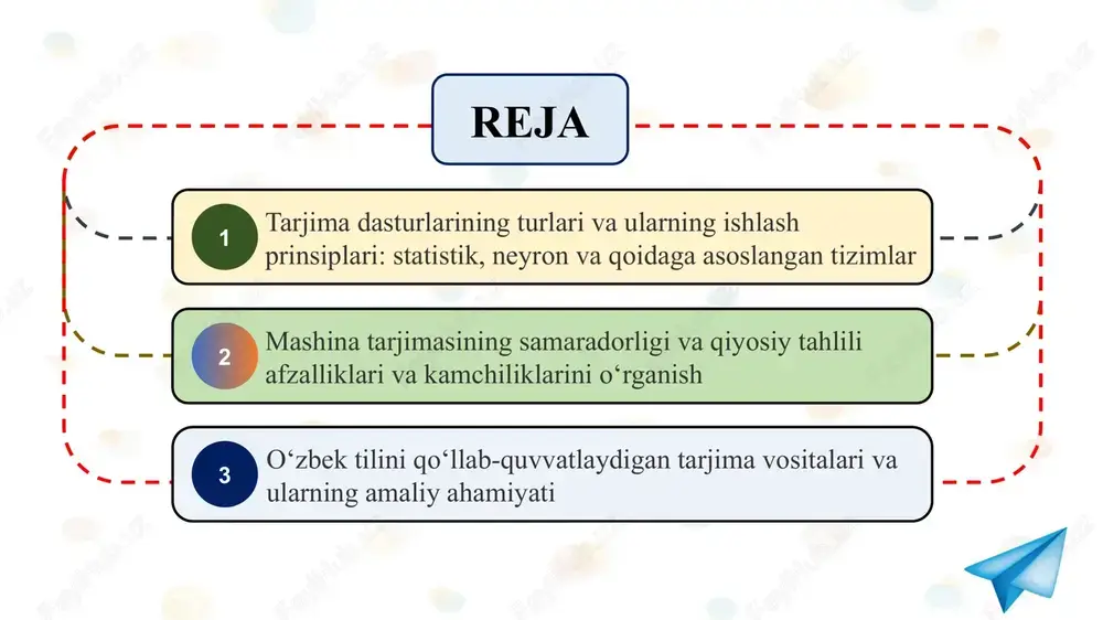 urakkab sintaksisli jumlalarni to‘liq aniqlik bilan tarjima qilishda cheklovlarga ega. ikkinchisi, neyron mashina tarjimasi bo‘lib, u sun’iy neyron tarmoqlaridan foydalanadi va matnning kontekstini hisobga olib tabiiy, aniq tarjima taqdim etadi. bu tizim katta ma’lumotlar bazasida o‘rgatiladi va turli tillar orasidagi moslikni yuqori darajada ta’minlaydi. 1 deepl va google translate dasturlari aynan neyron tizimlarga asoslangan bo‘lib, murakkab jumlalarni ham aniq tarjima qiladi. uchinchisi, qoidaga asoslangan mashina tarjimasi bo‘lib, u grammatik qoidalar va lug‘atlarga tayangan holda ishlaydi. 2 apertium kabi tizimlar qat’iy va aniq tarjima beradi, lekin moslashuvchanlik jihatidan cheklangan. shu bilan birga, gibrid tizimlar smt, nmt va rbmt yondashuvlarini birlashtirib, tarjimaning aniqligi va tabiiyligini oshiradi. tarjima dasturlari shu tarzda foydalanuvchiga matnni tez va aniq yetkazishda xizmat qiladi. qoidaga asoslangan tizimlar grammatik qat’iylikni ta’minlaydi, lekin moslashuvchanlik jihatidan cheklangan. apertium kabi tizimlar aniq va qat’iy tarjima beradi, lekin ular kontekstni hisobga olmaydi. gibrid tizimlar esa statistik, neyron va qoidaga asoslangan yondashuvlarni birlashtirib, tarjimaning …