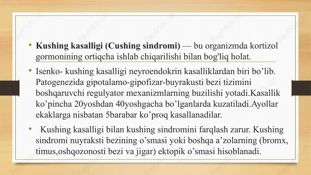 lgan kortizol turli metabolik o'zgarishlarga olib keladi, shu jumladan glyukoneogenezning kuchayishi, yog 'almashinuvining o'zgarishi va immunitetni bostirish xarakterli klinik belgilarga olib keladi. alomatlari kushing kasalligining asosiy alomatlari quyidagilar: oshqozon atrofida yog' to'planishi: giperlipidemiya va metabolik sindrom. qon bosimining oshishi: gipertoniya. o'zgaruvchan kayfiyat: depressiya, tashvish va asabiylik. terining o'zgarishlari: sariq rang, akne, cho'zilish belgilarining paydo bo'lishi. odatdagi vazn o'zgarishlari: tez vazn olish yoki yo'qotish. oyoqlarda shish: suv to'planishi. diagnostika. kushing kasalligini aniqlash uchun quyidagi tadqiqotlar o’tkaziladi: 1.qon tahlillari: kortizol va acth darajalarini o’lchash. 2.urinaliz: 24 soatlik urinada erkin kortizolni o’lchash. 3.o'zgaruvchan stress testlari: dexametazon testi. 4.tasviriy tadqiqotlar: mri yoki kt yordamida hipofiz va adrenal bezlarni tekshirish. deksametazonli sinama, isenko-kushing sindromini tashxislashda muhim rol o'ynaydi. ushbu sinama, kortizol darajasini baholash uchun o'rganiladi. sinama jarayoni: 1. deksametazonni qabul qilish: bemor kechqurun deksametazonni ichadi. 2. qon testlari: keyingi ertalabda qon namunasi olinadi va kortizol darajasi o'lchanadi. 3. natijalar: normal sharoitlarda deksametazon kortizol ishlab chiqarishni …