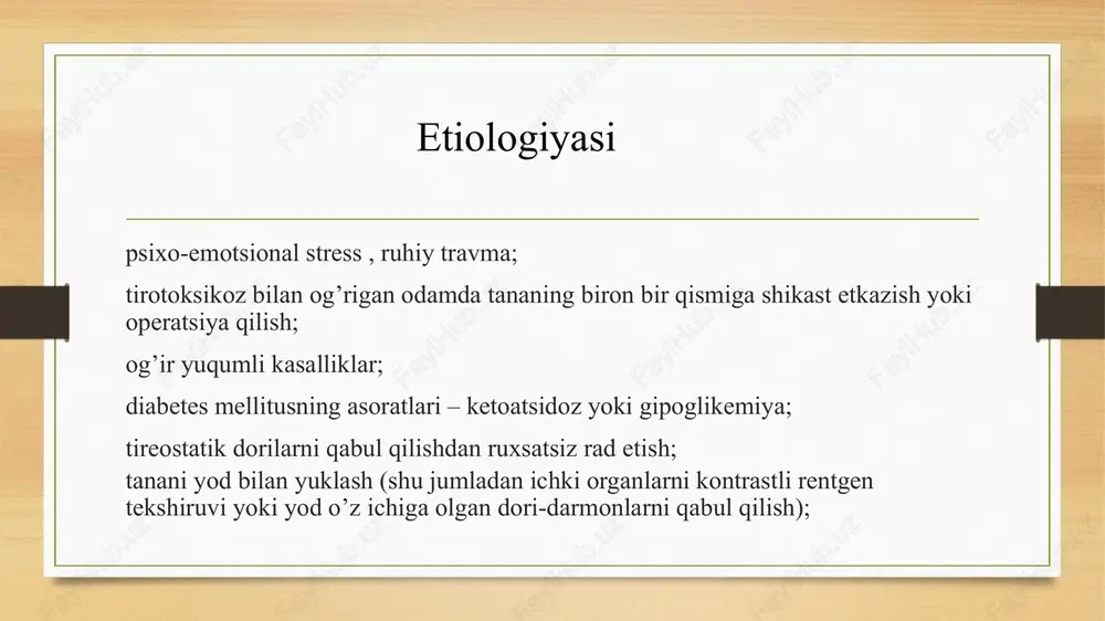 h mavjud: o’tkirosti (patologiyaning birinchi belgilari paydo bo’lgan paytdan boshlab ongning buzilishi rivojlanishiga qadar davom etadi); o’tkir (1-2 kundan keyin, og’ir holatlarda esa tezroq – kasallikdan 12-24 soat o’tgach rivojlanadi; bemor komaga tushadi, u ko’plab ichki organlar – yurak, buyrak usti bezlari, jigar funktsiyalarining etishmovchiligini rivojlantiradi ( bu o’lim ehtimolini oshiradi)). qalqonsimon bez gormonlarining ko’payishi: t3 va t4 ning ortishi qalqonsimon bezni stimullovchi gormon (tsh) ning pasayishi buyrak usti bezlarining gormoni kortizolning pasayishi (tirotoksik inqiroz natijasida buyrak usti bezlarining shikastlanishi buyrak usti etishmovchiligining rivojlanishi bilan yuzaga keladi) qon glyukoza darajasining oshishi mumkin tirotoksikoz qonda xolesterin miqdorining pasayishi bilan tavsiflanadi. laborator diagnostika diagnostika ekg zarur: taxikardiya (yurak tezligining oshishi), turli xil aritmiyalar qayd etiladi. atriyal fibrilatsiyaning rivojlanishi (atriyal fibrilatsiya) xarakterlidir. bu o’zgarishlar qalqonsimon bez gormonlarining ortiqcha kardiotoksik ta’siri bilan bog’liq, ya’ni qonda t3 va t4 ning ko’payishi yurak-qon tomir tizimiga zararli ta’sir ko’rsatadi. qalqonsimon bezning ultratovush tekshiruvi: qalqonsimon bez hajmining oshishi …