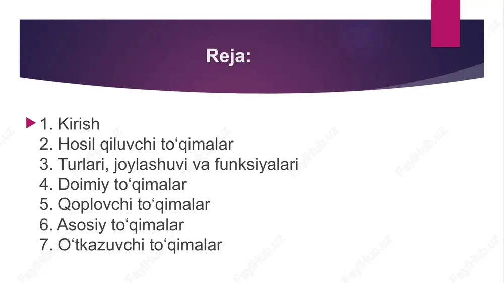 a floema (lub) tuzilmalarini ajratdi. tarixi xix asrda nemis olimlari maks shleyden (1804–1881) va teodor shvan (1810–1882) hujayra nazariyasini ishlab chiqib, oʻsimlik toʻqimalarining hujayralardan iboratligini isbotladilar. nataniel pringsgeym (1823–1894) toʻqimalarning funksional turlarini tasniflagan, karl negeli (1817–1891) esa oʻsimlik toʻqimalarining rivojlanish mexanizmlarini oʻrganib, sitoplazma va yadro tuzilishini tavsiflagan. tarixi oʻsimlik toʻqimalarining evolyutsion rivojlanishi - suv oʻtlari va moxlar: oddiy toʻqimalarga ega, asosan parenxima va oddiy oʻtkazuvchi hujayralardan iborat. mexanik va murakkab oʻtkazuvchi toʻqimalar yoʻq. - qirqquloqlar va paporotniklar: ksilema va floema paydo boʻlib, birinchi marta oʻtkazuvchi toʻqimalar shakllangan. malpigi va hales bu toʻqimalarni ilmiy tasniflagan. -ochiq urugʻlilar va yopiq urugʻlilar: murakkab mexanik (sklerenxima) va lateral meristem (kambiy) toʻqimalari rivojlanib, oʻsimliklarning yirik daraxt shaklida oʻsishiga imkon bergan. hosil qiluvchi (meristema) toʻqimalar hosil qiluvchi toʻqimalar oʻsimlikning yangi hujayralarini hosil qilishga xizmat qiladi va doimiy boʻlinish xususiyatiga ega. ular oʻsimlikning oʻsishi va rivojlanishi uchun asosiy manba hisoblanadi. rivojlanish bosqichlari: intensiv boʻlinish, hujayra qobigʻining oʻsishi, …