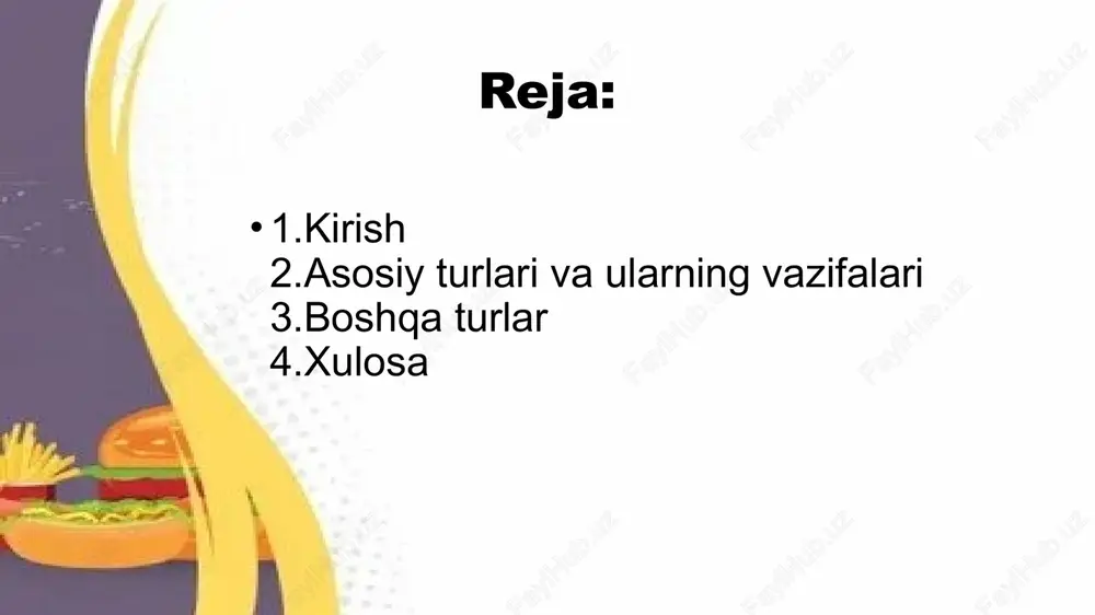 latiladi. ba'zi bo'yoqlar allergiyaga sabab bo'lishi mumkin. asosiy turlari va ularning vazifalari 4. ta'm kuchaytirgichlar va aromatizatorlar (flavour enhancers and flavouring agents): mahsulotning ta'mini va hidini kuchaytiradi. eng keng tarqalgan tur bo'lib, tabiiy yoki sintetik bo'lishi mumkin. misollar: monosodium glutamat (msg, e621, umami ta'mini beradi), vanilin (tabiiy yoki sintetik). konfetlar, gazlangan ichimliklar va tayyor ovqatlarda qo'llaniladi asosiy turlari va ularning vazifalari 5. emulsifikatorlar, stabilizatorlar va quyuqlashtirgichlar (emulsifiers, stabilisers, thickeners): mahsulotning tuzilishini saqlaydi, yog' va suvni aralashtiradi, quyuqlik beradi. fizik xususiyatlarni barqarorlashtiradi. misollar: letsitin (e322, emulsifikator), ksantan saqichi (e415, quyuqlashtirgich), pektin (e440, stabilizator). mayonez, muzqaymoq va souslarda ishlatiladi. asosiy turlari va ularning vazifalari 6. shirinlashtirgichlar (sweeteners): mahsulotga shirinlik beradi, kaloriyani kamaytiradi. shakar o'rniga ishlatiladi, ammo jsst ularni vazn nazorati uchun tavsiya etmaydi, chunki uzoq muddatli foyda bermaydi va kasallik xavfini oshirishi mumkin. misollar: aspartam (e951), saxarin (e954). diyet ichimliklar va shirinliklarda. boshqa turlar - anti-kaking agentlar (yopishqoqlikni oldini oluvchilar): ingredientlarni yopishib …