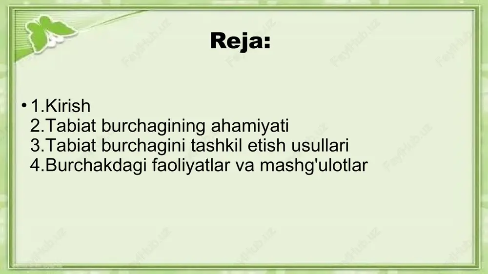 abiiy buyumlar (toshlar, barglar, qobiqlar) va ilmiy asboblar (lupa, termometr) bo'lishi kerak. tabiat burchagini tashkil etish usullari turli guruhlarda tashkil etish: kichik guruhlarda oddiy kuzatishlar (masalan, o'simliklarni sug'orish), o'rta guruhlarda tajribalar (urug'larni ekish), katta guruhlarda murakkab faoliyatlar (hayvonlarning yashashini taqqoslash) o'tkaziladi. burchakdagi jonli mavjudotlarning fazoviy yaqinligi muhim – masalan, baliqlarni yaqin kuzatish imkonini berish. shuningdek, burchakni muntazam ravishda yangilab turish va bolalarning ishtirokini ta'minlash zarur. burchakdagi faoliyatlar va mashg'ulotlar tabiat burchagida turli faoliyatlarni o'tkazish mumkin. masalan, kuzatish: bolalar o'simliklarning o'sishini yoki hayvonlarning harakatini kuzatadi va bu haqda suhbatlashadi. tajribalar: urug'larni ekish, suvning bug'lanishini ko'rsatish yoki tabiiy materiallardan kollejlar yasash. parvarish: o'simliklarni sug'orish, hayvonlarni ovqatlantirish orqali mas'uliyatni o'rgatish. tabiat yurishlari: tashqariga chiqib, topilgan buyumlarni burchakka qo'shish va ular haqida muhokama qilish. ushbu faoliyatlar bolalarning qiziqishini uyg'otadi va ta'limni qiziqarli qiladi, masalan, barglar va gullardan kollajlar yasash orqali. xulosa xulosa qilib aytganda, maktabgacha ta'limda tabiat burchagi bolalarning tabiatga bo'lgan qiziqishini oshiradi, ilmiy …
