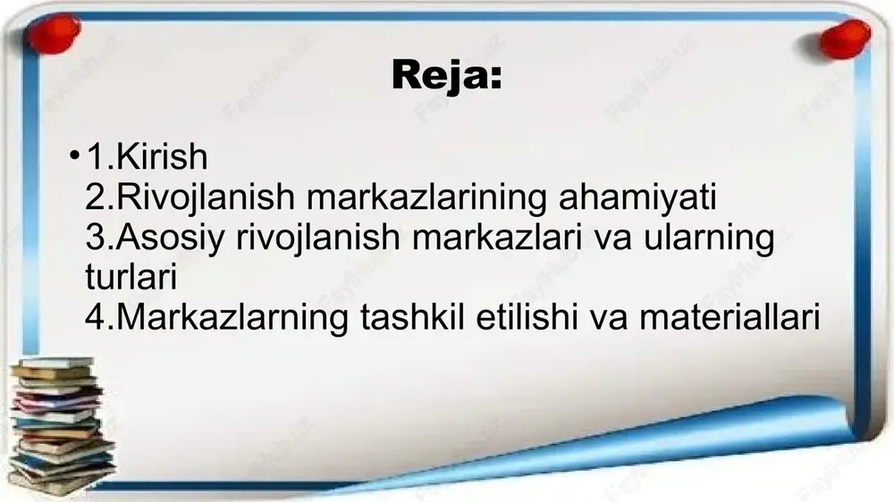 hiriladi, unda hisoblash va o'lchov elementlari qo'llaniladi. materiallar: qurilish bloklari, tangram, raqamli kartochkalar, tarozilar va lineykalar. bu markaz bolalarning matematik tushunchalarini shakllantiradi va ijodiy yondashuvni rag'batlantiradi. asosiy rivojlanish markazlari va ularning turlari syujetli-rolli o'yinlar va sahnalashtirish markazi maqsadi: ijtimoiy-hissiy rivojlanish va muloqot ko'nikmalarini shakllantirish. faoliyatlar: bolalar ertaklar yoki hayotiy vaziyatlarni sahnalashtiradi, masalan, "quruvchilar" yoki "buvimnikida mehmonda" o'yinlari. ular rollarni taqsimlaydi va atributlardan foydalanadi. materiallar: qo'g'irchoqlar, kiyimlar, niqoblar va stol teatri jihozlari. bu markaz bolalarning tasavvurini va hamkorlikni rivojlantiradi til va nutq markazi bu markaz nutq, o'qish va yozish malakalarini rivojlantirishga yo'naltirilgan. faoliyatlar: bolalar hikoyalar aytadi, she'rlar o'qiydi yoki "mening oilam" mavzusida suhbatlar o'tkazadi. so'z boyligi va muloqot orqali nutq rivojlanadi. materiallar: kitoblar, alifbo plakatlari, magnitli harflar va sujetli rasmlar. markaz bolalarning kommunikativ kompetensiyalarini kuchaytiradi. fan va tabiat markazi maqsadi: tabiat hodisalarini tadqiq qilish va bilish jarayonini rivojlantirish. faoliyatlar: tajribalar o'tkazish, masalan, qumda magnit bilan ishlash yoki o'simliklarni kuzatish. "quyosh va …
