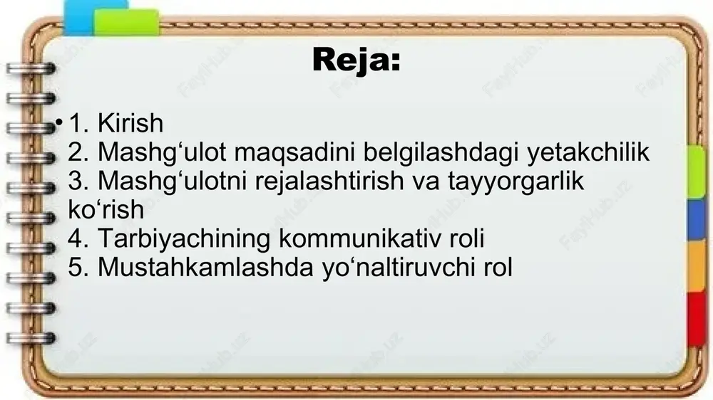 orqali bolalarni faol ishtirok etishga undaydi. - motivatsiya vositalari: - rag‘batlantirish (maqtov, yutuq belgisi, qiziqarli topshiriq) - qiziqish uyg‘otuvchi savollar (“nega qushlar uchadi?”, “suv nima uchun muzlaydi?”) - tarbiyachi bolani tinglaydi, fikrini qadrlaydi, noto‘g‘ri javobni ham muloyimlik bilan to‘g‘rilaydi. faoliyatni tashkil etish va boshqarish tarbiyachi mashg‘ulot davomida: - bolalarni guruhlarga ajratadi - vaqtni to‘g‘ri taqsimlaydi - har bir bolaning ishtirokini ta’minlaydi - yetakchi tarbiyachi bolalarni faollikka undaydi, passiv bolalarni jalb etadi, faol bolalarni boshqaradi. - misol: “ranglarni ajratamiz” mashg‘ulotida tarbiyachi bolalarni kichik guruhlarga bo‘lib, har bir guruhga topshiriq beradi va ularni kuzatadi. yangi bilimlarni ochish va mustahkamlashda yo‘naltiruvchi rol tarbiyachi bolalarga tayyor bilim bermaydi, balki ularni o‘zlari kashf qilishga yo‘naltiradi. - savollar, muammoli vaziyatlar, tajribalar orqali bolalar o‘zlari xulosa chiqaradilar. - misol: “suv bug‘lanadimi?” mavzusida tajriba o‘tkazish orqali bola o‘zi kuzatadi, savol beradi, xulosa chiqaradi. - tarbiyachi bu jarayonda yo‘naltiruvchi, yordamchi, fikrni rivojlantiruvchi rolni bajaradi. tarbiyachining tahlilchi roli mashg‘ulotdan so‘ng …