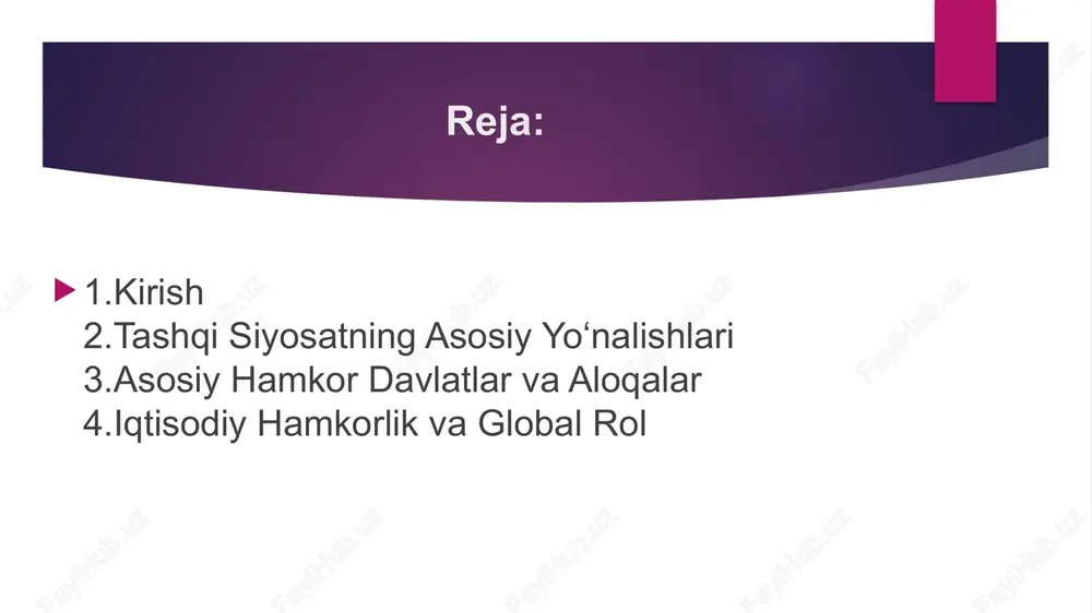 rni jalb etdi. shhtda (shanghai hamkorlik tashkiloti) oʻzbekiston raislik qilgan va 2025-yilni "barqaror rivojlanish yili" deb eʼlon qildi, bu terrorizmga qarshi kurash va iqtisodiy oʻsishni kuchaytirdi. asosiy hamkor davlatlar va aloqalar oʻzbekistonning tashqi siyosati diversifikatsiya qilingan: osiyo, yevropa, amerika va yaqin sharq bilan muvozanatli hamkorlik. quyida asosiy sheriklar: - xitoy bilan hamkorlik: strategik sheriklik 2012-yildan beri rivojlanmoqda. 2025-yilda xitoy – qirgʻiziston – oʻzbekiston temir yoʻli loyihasi tezlashdi, bu oʻzbekistonni "quruqlik orqali bogʻlangan" davlatga aylantiradi. savdo hajmi 10 milliard dollardan oshdi, "bir kamar, bir yoʻl" tashabbusi doirasida investitsiyalar kiritilmoqda. asosiy hamkor davlatlar va aloqalar - rossiya bilan aloqalar: mustaqillikdan beri strategik sheriklik mavjud. 2021–2025-yillarda harbiy hamkorlik dasturi imzolandi, savdo-iqtisodiy aloqalar 4,6 milliard dollarlik shartnomalar bilan mustahkamlandi (2022-yil). 2025-yilda atom energetikasi va transport sohasida yangi loyihalar boshlandi. - aqsh va gʻarb davlatlari: 2025-yil sentyabrda prezident mirziyoyevning nyu-yorkka tashrifi aqsh bilan strategik sheriklikni chuqurlashtirdi. boeing bilan 7,4 milliard yevrolik samolyot shartnomasi imzolandi, imf …