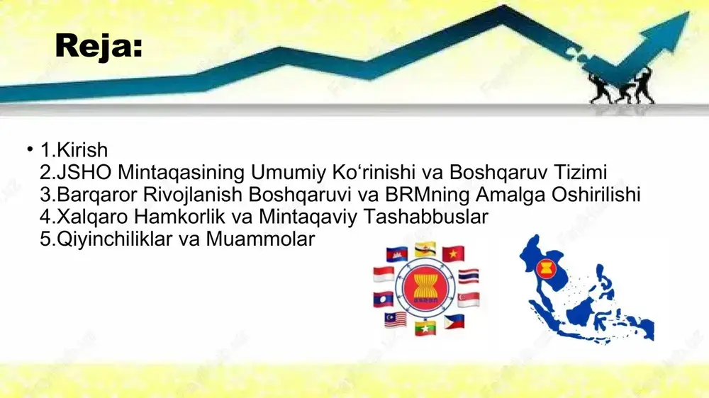 i ko‘zlaydi. jshoda boshqaruv brmni milliy dasturlarga integratsiya qilmoqda: yaxshi boshqaruv va sdg16: mintaqada boshqaruv indikatorlari o‘rtacha – singapurda yuqori (korrupsiya indeksi 85/100), ammo vyetnam va myanmada past (korrupsiya va siyosiy erkinlik muammolari). sdg16 (tinchlik va institutlar) avtoritar rejimlarda qiyin, chunki u inklyuziv institutlarni talab qiladi. tadqiqotlar shuni ko‘rsatadiki, yaxshi boshqaruv brm muvaffaqiyatining kalitidir. barqaror rivojlanish boshqaruvi va brmning amalga oshirilishi - iqtisodiy va ekologik brm: asean orqali yashil iqtisodiyotga o‘tish: 2022-yilda tutunli ifloslanishga qarshi kelishuv imzolandi. vyetnam oziq-ovqat eksportida osiyoda 1-o‘rin (sholi bo‘yicha dunyoda 2-o‘rin). ammo iqlim o‘zgarishi (suv tanqisligi, suv toshqinlari) katta tahdid – mintaqa yaimning 3%ini yo‘qotishi mumkin. - ijtimoiy brm: gender tengligi va ta‘limda yutuqlar: malayziyada ayollar ishchi kuchi 50%dan oshgan. aseanning 10-yillik dasturi (2021-2030) brmni regional siyosatga kiritdi. xalqaro hamkorlik va mintaqaviy tashabbuslar jsho boshqaruvi xalqaro tashkilotlar bilan yaqin: - adb va escap: osiyo rivojlanish banki (adb) va bmtning osiyo-iqtisodiy va ijtimoiy komissiyasi (escap) orqali …