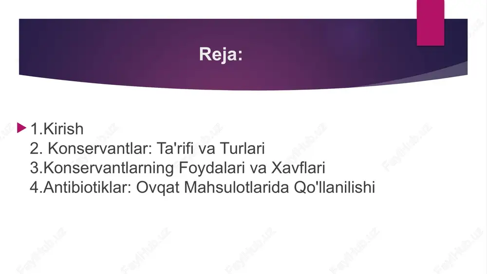 – zamburug'larga qarshi, qo'llaniladigan mahsulotlar – pishiriqlar, pishloqlar, kunlik ruxsat etilgan miqdor (adi, mg/kg tana vazniga) – 0-25. - natriy nitrit: kod (e-raqami) – e250, funksiyasi – rang va ta'mni saqlash, qo'llaniladigan mahsulotlar – go'sht mahsulotlari, kunlik ruxsat etilgan miqdor (adi, mg/kg tana vazniga) – 0-0.07. eng keng tarqalgan konservantlar - askorbik kislota (s vitamini): kod (e-raqami) – e300, funksiyasi – antioksidant, qo'llaniladigan mahsulotlar – meva sharbatlari, kunlik ruxsat etilgan miqdor (adi, mg/kg tana vazniga) – cheksiz (tabiiy). - bha/bht: kod (e-raqami) – e320/e321, funksiyasi – yog'larning buzilishini oldini olish, qo'llaniladigan mahsulotlar – qovurilgan mahsulotlar, kunlik ruxsat etilgan miqdor (adi, mg/kg tana vazniga) – 0-0.2. konservantlarning foydalari va xavflari foydalari: konservantlar ovqatni uzoq muddat saqlashga yordam beradi, masalan, non va pishiriqlarning saqlanish muddati 2-3 barobar uzayadi. ular shuningdek, ovqatdagi patogen mikroorganizmlarning tarqalishini oldini oladi, bu esa oziq-ovqatdan kelib chiqadigan kasalliklar (masalan, salmonellez) xavfini 30-50% ga kamaytiradi. xavflari: haddan tashqari miqdorda …