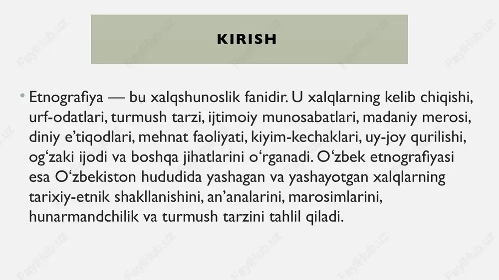 lanishida bir qator olimlar katta hissa qoʻshgan. saytova i.s. — orolboʻyi mintaqasidagi qadimiy urf-odatlarni oʻrgangan. toshboyev sh. — oʻzbek xalqining etnik shakllanishi va marosimlarini tahlil qilgan. karimov a. — hunarmandchilik va mehnat qurollari boʻyicha tadqiqotlar olib borgan. xudoyberdiyev m. — uy-joy madaniyati, kiyim-kechak va diniy marosimlar boʻyicha ilmiy maqolalar yozgan. ularning asarlari etnografiya fanining asosiy manbalaridan hisoblanadi. manba: saytova i.s. “oʻzbekiston etnografiyasiga hissa qoʻshgan olimlar”, eurasian journal of academic research, 2025. – 3–4-betlar. kiyim-kechak va bezaklar oʻzbek xalqining kiyim-kechaklari iqlim, turmush tarzi, estetik did va ijtimoiy mavqega mos ravishda shakllangan. erkaklar odatda doʻppi, belbogʻ, chopon, lozim kiygan. ayollar atlas, adras, beqasam matolardan tikilgan koʻylaklar, zargarlik buyumlari, bosh kiyimlar bilan bezangan. har bir viloyatning oʻziga xos uslubi mavjud: buxoro ayollari zargarlikda murakkab naqshli taqinchoqlar taqsa, fargʻona ayollari atlas matodan tikilgan koʻylaklar kiyadi. kiyimlar nafaqat estetik, balki ijtimoiy va marosimiy ma’noga ega. manba: xudoyberdiyev m. “oʻzbek xalq kiyimlari”, madaniyat va meros, toshkent, …