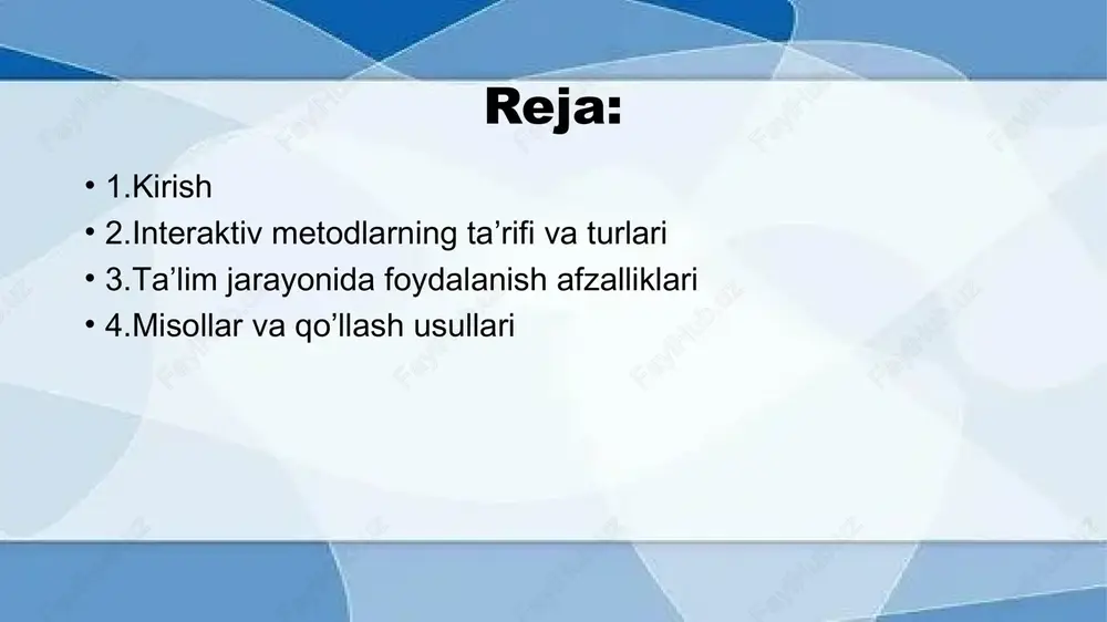 ol o‘ynaydi — fikr bildiradi, muammo yechadi, savol beradi. mustaqil izlanish va tanlov: o‘quvchi ma’lumotni o‘z boshidan o‘rganadi, tanlaydi, tahlil qiladi va chiqara oladi. shaxsga yo‘naltirilganlik: sinfdagi har bir o‘quvchining imkoniyatlari, ehtiyojlari hisobga olinadi. interaktiv metodlarning ta’limdagi o‘rni va ahamiyati an’anaviy darslarda o‘quvchilar ko‘pincha faqat tinglash, yozish bilan cheklanadi. interaktiv usullar esa o‘quvchini mustaqil izlanishga, fikrni tahlil qilishga va xulosalar chiqarishga undaydi. interaktiv metodlar yordamida dars qiziqarli va dinamik bo‘ladi, o‘quvchilarning e’tibori tushmaydi, zerikish holatlari kamayadi. ular o‘quvchilarda hammualliflik, hamkorlik, fikrini erkin bildirish, tanqidiy fikrlash kabi ko‘nikmalarni shakllantirishga yordam beradi. o‘qituvchi roli: mutlaq bilim beruvchi emas, balki yo‘nalish beruvchi, tashkil etuvchi, qo‘llab-quvvatlovchi bo‘ladi. shunday qilib, interaktiv metodlar ta’lim jarayonini yanada samarali va zamonaviy qiladi. taʼlim jarayonida foydalanish afzalliklari interaktiv metodlar taʼlim jarayonini joʼshqin va izlanuvchan qiladi, oʼquvchilarda oʼz imkoniyatlariga ishonch va natijadan mamnunlik hissi uygʼotadi. asosiy afzalliklari: - oʼquvchilarning mustaqil fikrlash, tahlil va xulosalar chiqarish qobiliyatlarini rivojlantiradi. - bilimga qiziqishni …