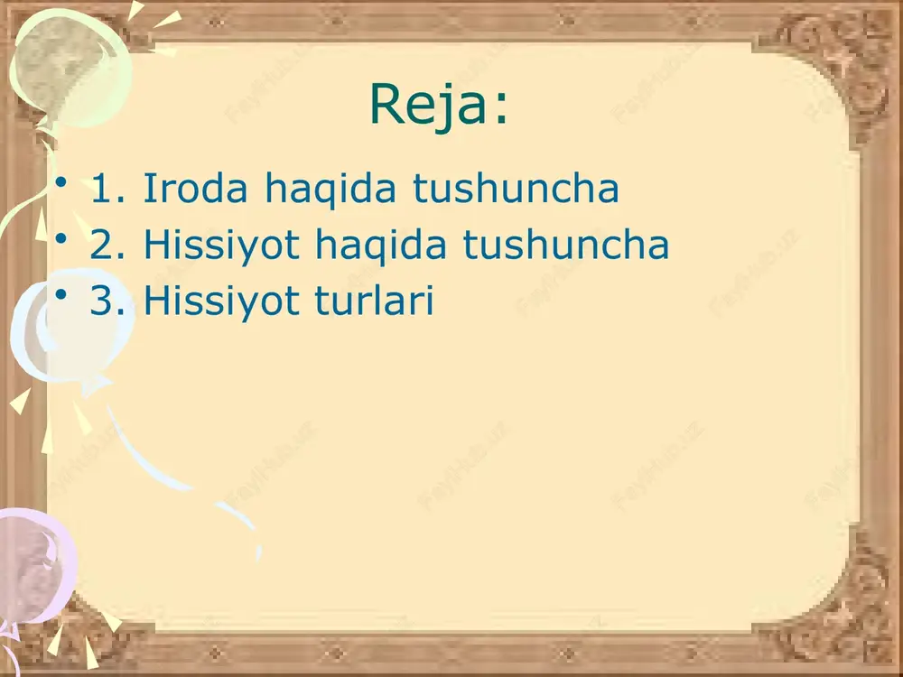 hissiy holat. hissiy ton: narsa yoki voqea bilan bog‘liq bo‘lgan, lekin zaifroq va qisqa kechadigan kechinma. yuksak his-tuyg‘ular: axloqiy, estetik, intellektual bilan bog‘liq tuyg‘ular. his-tuyg`u nima? bu - borliqni o`ziga xos aks etishi bo`lib unda insonning olamga sub’ektiv munosabati aks etadi. his tuyg`u psixik jarayon bo`lib bunda insonni borliqqa o`zining shaxsiy ichki sub’ektiv munosabatini aks etadi. hissiyot hissiyot o`ziga xos aks ettirish jarayoni bo`lib, bunda narsa va hodisalarning bevosita emas, balki shu narsalarning aks ettirish jarayonidan hosil bo`ladigan ichki kechinmalari va munosobatlari aks ettiriladi. his tuyg`u psixik jarayongina bo`lib qolmay psixik holat hamdir. stimullar his- tuyg`uni yuzaga keltiruvchi sabab stimullardir. faoliga ko`ra hislar stenik (kuchlik) va astenik (kuchsiz) turlarga bo`linadi. hislar tashqi jihatdan nomoyon bo`lib ular xatti – harakatlarida, yuzda namoyon buladi. ekspressiya his tuyg’uning tashki ifodalanishi ekspressiya deb ataladi. ekspressiya bu – hislarning spesifik namoyon bulishi bulib, u ovozda, mimika, pontomimika, yurishda, yogi va kulguda namoyon bo`ladi. hislar mazmuniga …