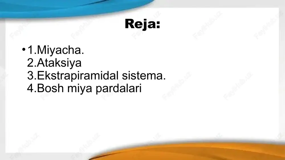 blari genetik mutatsiyalar, insult, travma, infeksiyalar (meningit), toksinlar (alkogol, dorilar), metabolik buzilishlar (vitamin b12 yetishmovchiligi) va autoimmun kasalliklar. ba'zi hollarda ataksiya progressiv bo‘lib, yillar davomida yomonlashadi. belgilar va simptomlar: - yurish buzilishi (qoqilish, keng qadamlar). - qo‘l va oyoq harakatlarida noaniqlik (yozish yoki ovqat yeyish qiyin). - nutq buzilishi (disartriya), yutish qiyinligi. - ko‘z harakatlari buzilishi (nistagm), bosh aylanishi. ekstrapiramidal sistema ekstrapiramidal sistema (eps) - markaziy asab tizimining piramidal tizimdan tashqari qismi bo‘lib, ixtiyoriy harakatlarni boshqarishda ishtirok etadi. u piramidal traktlar (kortikospinal)dan farqli o‘laroq, nozik harakatlarni emas, balki umumiy mushak tonusi va posturani tartibga soladi. funksiyalari funksiyalari: - mushak tonusini tartibga solish va posturani saqlash. - harakatlarni boshlash va to‘xtatish, nozik koordinatsiyani ta'minlash. - emotsional va kognitiv jarayonlarda ishtirok (masalan, parkinson kasalligida depressiya). eps koordinatsiya tizimi bilan birgalikda ishlaydi, miyacha signallarni qayta ishlaydi. buzilishlar va kasalliklar: - parkinson kasalligi: dopamin yetishmovchiligidan tremor, bradikineziya va rigidlik paydo bo‘ladi. - huntington kasalligi: …