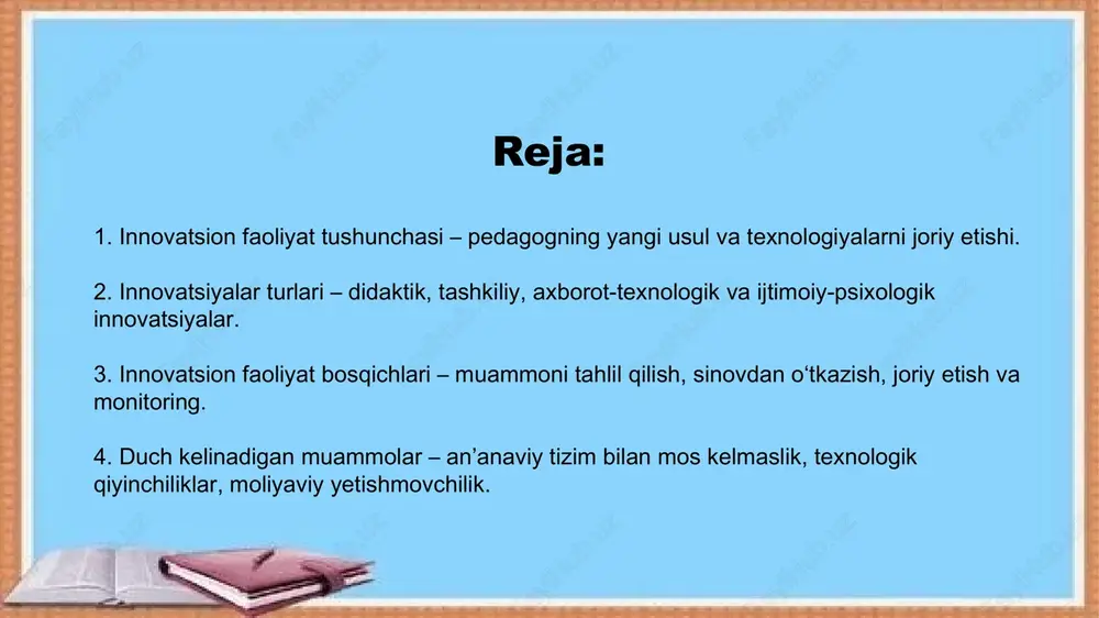 t: inqiroz holatlarida teatr orqali ta'lim. 8. jade autism: autizmli bolalar uchun interaktiv o'yinlar. 9. protsahan girl champions: qizlar uchun san'at asosidagi dastur. 10. mymachine: talabalar ixtirolarini amalga oshirish loyihasi. innovatsion faoliyati tushunchasi innovatsion faoliyat pedagogik jarayonda yangi usul, texnologiya va metodlarni ishlab chiqish, joriy etish va ularning samaradorligini oshirishga yo‘naltirilgan harakatlarni o‘z ichiga oladi. pedagog o‘z faoliyatida quyidagilarga e’tibor qaratishi lozim: yangi pedagogik texnologiyalarni o‘rganish va tatbiq etish o‘quvchilarning individual ehtiyojlariga moslashish zamonaviy axborot texnologiyalaridan samarali foydalanish fanlararo integratsiya va innovatsion yondashuvlarni qo‘llash pedagogik innovatsiyalar turlari pedagogik innovatsiyalar turli shakllarda namoyon bo‘lishi mumkin: didaktik innovatsiyalar – yangi ta’lim metodlari va texnologiyalarini ishlab chiqish (masalan, masofaviy ta’lim, steam yondashuvi). tashkiliy innovatsiyalar – ta’lim jarayonini tashkil etishning yangi shakllari (masalan, differensial o‘qitish, klaster tizimi). axborot-texnologik innovatsiyalar – raqamli ta’lim resurslari, interaktiv doskalar, virtual laboratoriyalar va sun’iy intellektdan foydalanish. ijtimoiy-psixologik innovatsiyalar – motivatsiya usullarini o‘zgartirish, psixologik muhitni yaxshilash, shaxsiy yondashuv. innovatsion faoliyatni …
