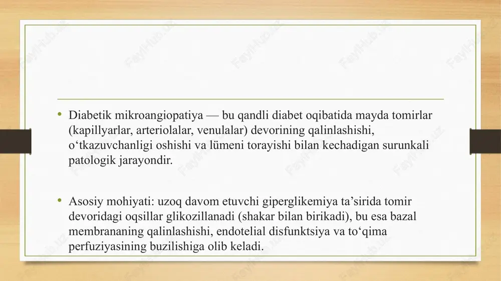 zlanadi) rivojlanadi. 5. buyrak perfuziyasi pasayadi → glomerulyar filtrlash tezligi (gfr) kamayadi → sby rivojlanadi. klinik belgilari kasallik asta-sekin rivojlanadi va uzoq vaqt subklinik (belgilarsiz) kechadi. bosqich klinik belgilari laborator belgilar 1. giperfiltratsiya bosqichi belgisiz gfr ↑, proteinuriya yo‘q 2. boshlang‘ich morfologik o‘zgarishlar belgisiz gbm qalinlashadi, mikroalbuminuriya ( 300 mg/kun, gfr ↓ 5. terminal bosqich (sby) o‘tkir shish, intoksikatsiya, qusish, holsizlanish gfr 300 mg/kun) kreatinin, mochevina (qon biokimyosi) gfr (glomerulyar filtrlash tezligi) hisoblash — ckd-epi yoki mdrd formulasi bo‘yicha instrumental usullar: buyrak utt – o‘lchami, parenximasi holati buyrak biopsiyasi – glomeruloskleroz darajasini aniqlash (faqat zarurat bo‘lsa) bosqichlar bo‘yicha tasnif (mogensen tasnifi) bosqich xususiyatlar i. giperfiltratsiya gfr ↑, proteinuriya yo‘q ii. “sokin” bosqich gbm qalinlashgan, gfr normal, mikroalbuminuriya yo‘q iii. mikroalbuminuriya 30–300 mg/kun albuminuriya iv. proteinuriya >300 mg/kun, gfr pasayadi v. terminal bosqich gfr <15 ml/min, sby davolash tamoyillari maqsad — kasallikning rivojlanishini sekinlashtirish va buyrakni saqlab qolish. asosiy yo‘nalishlar: 1. …