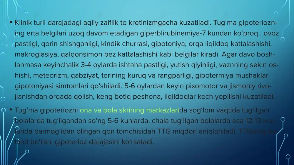 iy kuzatuvda o‘zgarishlarga qarab doza tanlanadi. bolalarda gipoterioz kelib chiqish sabablari davolash: ko‘pchilik bemorlar tireoid preparatlarni butun umr ichishlari kerak. shuning uchun ularga dozasini aniq qo‘llash kerak. ba’zi bemorlarda gipoterioz progressirlantiruvchi xarakterda bo‘ladi. shuning uchun ularda dozasini doimo oshirib borish kerak. buning sababi asta-sekin qalqonsimon bez funksiyasining so‘nib borishi. ko‘p bemorlarda yangidan dorini qabul qilish boshlanadi ba’zan gipoterioz simptomlari davoga qaramasdan saqlanib qoladi. buning sabablari dozaning noto‘g‘ri tanlanishi, dorining me’da-ichak traktida so‘rilishining buzilishi, ichak kasalliklari, mediokomentlar-kalsiy karbonat, xoletiramin, sukralfat, alyuminiy gidroksid temir preparatlari qabul qilish. bunda tireoid gormon dozasini oshirish boshqa preparatlar bilan 4-soat oraliq bilan qabul qilish kerak. e’tiboringiz uchun rahmat image3.jpeg image4.jpeg image5.jpeg image6.jpeg image7.jpeg image8.jpeg image9.jpeg image10.jpeg image11.jpeg image12.jpeg image13.jpeg image2.png