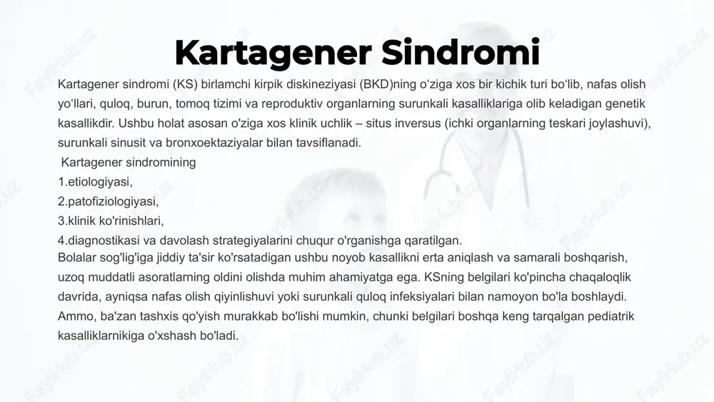 lovchi oqsillarni (masalan, dinein qo'llari) kodlaydi. dinein oqsillari kirpiklarning urish harakati uchun zarur bo'lgan energiyani ta'minlovchi asosiy motor oqsillaridir. dnah5, dnai1, ccdc39 va ccdc40 kabi genlardagi mutatsiyalar eng ko'p uchraydigan sababchilar hisoblanadi.kirpiklar – bu ko'plab to'qimalar, jumladan nafas yo'llari, miya qorinchalari, fallop naychalari va spermatozoidlarda joylashgan, tuksimon tuzilmalar. ularning asosiy vazifasi – suyuqliklar va kichik zarralarni bir yo'nalishda harakatlantirishdir. nafas yo'llarida kirpiklar shilliqni va unda joylashgan patogenlar (bakteriyalar, viruslar) hamda chang zarralarini o'pkalardan tashqariga chiqarib tashlaydi, bu jarayon mukosiliar klirens deb ataladi. kartagener sindromida kirpik tuzilishidagi nuqsonlar yoki ularning harakatlanishidagi buzilishlar tufayli bu muhim funksiya bajarilmaydi. mikroskopik darajada, ks bilan og'rigan bemorlarda kirpiklar ichidagi dinein qo'llarining to'liq yo'qligi, ularning to'liq emasligi yoki noto'g'ri joylashuvi kuzatiladi. ba'zan radial spetslar (radial spokes) yoki nekxin bog'lanishlar (nexin links) kabi boshqa tuzilmalardagi kamchiliklar ham mavjud bo'lishi mumkin. natijada, kirpiklar samarali urish qobiliyatini yo'qotadi yoki umuman harakatlanmaydi, bu esa "immotil siliya" holatiga olib keladi. ushbu …