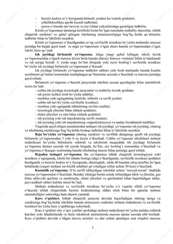 riqnomalar mazmuni va o’tkazilish davriga qarab quyidagi turlarga bo’linadi: kirish, ish joyida birlamchi, reja bo’yicha (navbatdagi), rejadan tashqari va davriy (mavsumiy). kirish yo’riqnomasi. kirish yo’riqnomasi korxona rahbari, xavfsizlik texnikasi bo’yicha muhandis yoki bosh muhandis hamda kasaba uyushmasi qo’mitasi tasdiqlagan dastur asosida o’tkaziladi. u har bir yangi ishga olinadigan ishchi-xodimga uning yoshi, jinsi, ish lavozimi, ma’lumoti, malakasi va ish stajidan qat’i nazar, alohida o’tkaziladi yoki ishchilar guruhiga mehnat muhofazasiga oid zamonaviy vositalar va ko’rgazmali qurollar bilan jihozlangan xavfsizlik texnikasi xonasida olib borilishi ham mumkin. kirish yo’riqnomasi asosan quyidagi masalalarni o’z ichiga oladi: · xo’jalikning ish rejimi va ichki tartib qoidalari; · mehnat intizomi va uning mehnat xavfsizligiga ta’siri; · mehnat muhofazasi bo’yicha qonunlar to’g’risida ma’lumot; · mehnat muhofazasi bo’yicha jamoa shartnomalari; · xo’jalikda sodir bo’lgan baxtsiz hodisalar va ularning kelib chiqish sabablari; · yong’inning oldini olish tadbirlari; · elektr xavfsizligining asosiy qoidalari; · yuklarni ko’tarish, tushirish, kimyoviy moddalar bilan ishlashda xavfsizlik …