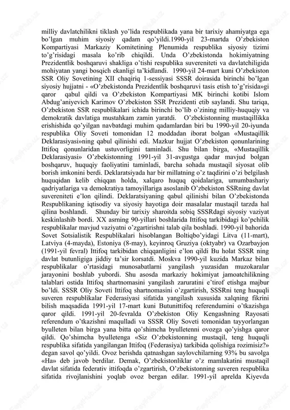 oqasida turgan yurtimizda tinchlik va barqarorlikni saqlab qolishda ulkan tarixiy qadam bo’lgan...» ana shunday o’zgarishlar tufayli odamlar dunyoda adolat va haqiqat borligiga, mustaqillik har qaysi oila, butun xalqimiz uchun hech narsa bilan o’lchab, qiyoslab bo’lmaydigan bebaho ne’mat ekaniga chin dildan ishonch hosil qilgan edilar. xx asr 80-yillarining o’rtalariga kelib sssrning parchalanishi real obektiv haqiqatga aylanib qoldi. 1989-yil 21-oktabrda o’zbekiston oliy sovetining xi sessiyasi «o’zbekiston ssrning davlat tili haqida»gi qonunini qabul qildi. o’zbek tili davlat tili deb e’lon qilindi. ish yuritish sekin-asta o’zbek tiliga o’tkazila boshlandi, uni o’rganishni yaxshilash yuzasidan aniq chora-tadbirlar belgilandi. ayni vaqtda rus tilini va respublikada yashovchi boshqa xalqlarning tillarini o’rganish uchun shart-sharoitlar yaratilishi lozim edi, tilni o’rganishning ixtiyoriyligi va uni tanlash huquqi qonunda belgilab qo’yildi. bu qonunning qabul qilinishi o’zbek xalqi, shu xalq milliy o’z-o’zini anglashining o’sishi, respublikada millatlararo hamjihatlikning saqlanib qolishi uchun juda katta ahamiyatga ega bo’ldi. davlat tili haqidagi qonun qabul qilinganidan so’ng milliy o’zlikni …