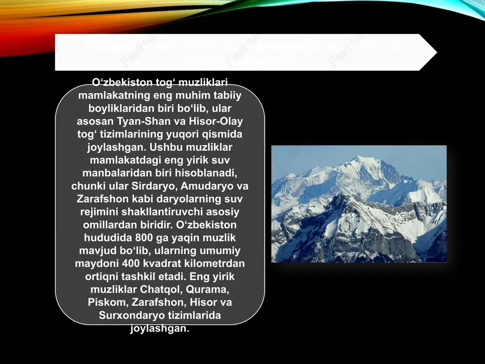 digan daryolar qishloq xo‘jaligi, energetika, sanoat va aholi uchun asosiy ichimlik suvi manbaidir. masalan, zarafshon daryosining suvining 30 foizga yaqini muzliklardan kelib chiqadi. muzliklar, shuningdek, mintaqaning iqlimiy muvozanatini saqlashda muhim o‘rin tutadi — ular havo massasini sovutadi, mahalliy iqlimni mo‘tadillashtiradi va havodagi namlikni saqlab turadi. ekologik jihatdan muzliklar tog‘-vodiy ekotizimlarining muvozanatini ta’minlab, flora va faunaning yashash sharoitlarini belgilab beradi. muzliklardan erigan suvlar nafaqat daryolarga, balki yer osti suvlari zaxirasiga ham ta’sir ko‘rsatadi. shu bilan birga, ular tog‘li hududlarda eroziya jarayonlarini yumshatadi, tuproq unumdorligini saqlab qolishda ham muhim rol o‘ynaydi. biroq, muzliklarning erishi bilan bog‘liq ekologik muammolar ham mavjud — suv oqimining tartibsizligi, suv toshqinlari va sel xavfi ko‘payadi, bu esa inson faoliyati uchun xavf tug‘diradi. global iqlim o‘zgarishi sharoitida o‘zbekiston tog‘ muzliklari jadal sur’atlarda kamayib bormoqda. so‘nggi 50 yil ichida respublika hududidagi muzliklarning umumiy hajmi 25–30 foizga qisqargani aniqlangan. bu jarayon asosan havo haroratining ko‘tarilishi, yog‘in miqdorining kamayishi va quyosh …