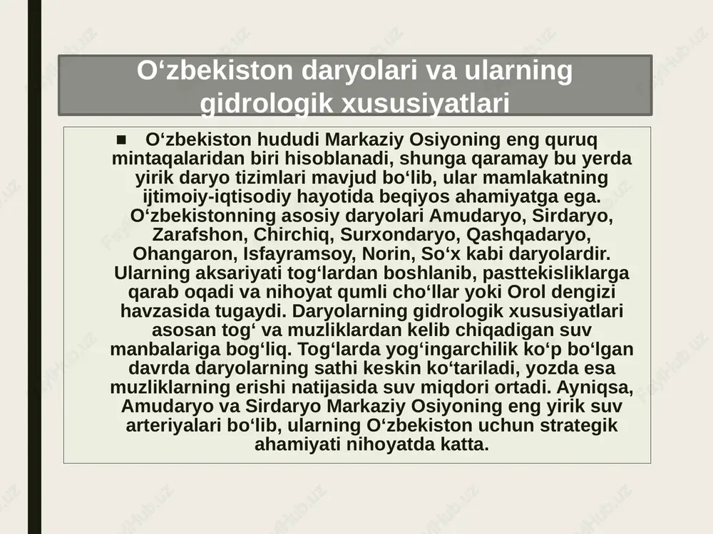 lar qurilgan bo‘lib, ular toshkent viloyati va poytaxtni elektr energiyasi bilan ta’minlaydi. norin va qoradaryo daryolari sirdaryoni shakllantiruvchi asosiy irmoqlar hisoblanadi, ularning suv resurslari farg‘ona vodiysi sug‘oriladigan yerlarining asosiy manbaidir. shu tarzda, o‘zbekiston daryolari nafaqat tabiiy suv manbasi, balki qishloq xo‘jaligi, energetika, ichimlik suvi va ekologik barqarorlikni ta’minlovchi muhim omildir. daryolarning tentirob oqishi deganda ularning oqim yo‘nalishi, tezligi va suv sathi yillar davomida o‘zgarib turishi tushuniladi. bu jarayon tabiiy hodisa sifatida yuz bersa-da, inson faoliyati ta’siri ostida yanada kuchayib bormoqda. daryolarning tentirob oqishiga ta’sir etuvchi tabiiy va antropogen omillar o‘zbekiston sharoitida daryolarning tentirob oqishiga ta’sir etuvchi asosiy tabiiy omillarga iqlim o‘zgarishi, yog‘ingarchilik miqdorining o‘zgarishi, tog‘lardagi muzliklarning erishi, tuproq va geologik tuzilmaning farqlanishi, shuningdek, yer relyefining notekisligi kiradi. iqlim o‘zgarishi tufayli oxirgi o‘n yilliklarda yoz fasli yanada issiq, qish esa nisbatan yumshoq bo‘lib bormoqda, bu esa daryo suvining yil davomida notekis taqsimlanishiga olib kelmoqda. antropogen omillar esa bu jarayonni yanada tezlashtiradi. …
