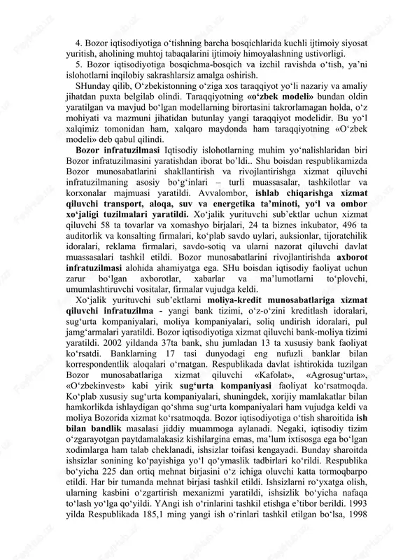 yatlariga, xalqning mentaliteti va tarixiy an’analariga, aholining tub o‘zgartirishlarga taraqqiyotning «o‘zbek modeli» tayyorlik darajasiga tayangan holda prezidentimiz islom karimov omonidan ishlab chiqildi. o‘zbekistonning o‘ziga xos taraqqiyot yo‘li islom karimovning asarlari, ma’ruza va nutqlarida yangi ma’no-mazmuni bilan to‘ldirilib, aniqlashtirilib borildi. 1993 yilda nashr etilgan «o‘zbekiston-bozor munosabatlariga o‘tishning o‘ziga xos yo‘li» nomli asarida islom karimov yangi jamiyat qurishning besh tamoyilini asoslab berdi. 1. iqtisodiyotni mafkuradan to‘la xoli qilish, iqtisodning siyosatdan ustunligi, o‘ziga xos ichki qonunlarga muvofiq rivojlanishi. 2. davlat - bosh islohotchi, iqtisodiy o‘zgarishlarning tashabbuskori. 3. qonun ustivorligi, islohotlarning mustahkam huquqiy asoslarga qurilishi, qonun oldida hammaning baravarligi va hammaning qonunga bo‘ysunishi. 4. bozor iqtisodiyotiga o‘tishning barcha bosqichlarida kuchli ijtimoiy siyosat yuritish, aholining muhtoj tabaqalarini ijtimoiy himoyalashning ustivorligi. 5. bozor iqtisodiyotiga bosqichma-bosqich va izchil ravishda o‘tish, ya’ni islohotlarni inqilobiy sakrashlarsiz amalga oshirish. shunday qilib, o‘zbekistonning o‘ziga xos taraqqiyot yo‘li nazariy va amaliy jihatdan puxta belgilab olindi. taraqqiyotning «o‘zbek modeli» bundan oldin yaratilgan va …