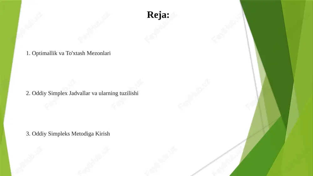 i simpleks jadvallar simplex metodining iteratsiyalarini sistematik ravishda kuzatib boradi. har bir jadval maqsad funksiyasining koeffitsiyentlarini, cheklashlarni (masalan, 2x1+x2 =0), bazis o'zgaruvchilarni va har bir iteratsiyadagi qiymatlarini (masalan, 1-iteratsiya, 2-iteratsiya va hokazo) ko'rsatuvchi matritsadan iborat. jadval tarkibiga o'zgaruvchilar (x1, x2,.. oddiy simpleks algoritmi: boshlanish oddiy simpleks jadvallari har bir iteratsiyada masalaning ma'lumotlarini tashkil qiluvchi matritsalardir simpleks metodi maqsad funksiya qiymatini takroran yaxshilaydi, bir bfs dan boshqasiga (mumkin bo'lgan mintaqa geometriyasidagi qo'shni tepaliklarga) o'tadi optimallik mezonlari simpleks metodida optimallik mezoniga ko'ra, barcha kamaytirilgan xarajatlar (zⱼ - cⱼ) manfiy bo'lmaganligini tekshiriladi; manfiy qiymat yaxshilangan yechim mumkinligini ko'rsatadi oddiy usul, chiziqli dasturlash algoritmi, cheklashlar (masalan, resurs cheklashlari) bilan aniqlangan mumkin bo'lgan sohada mumkin bo'lgan yechimlarni simplex jadvalida iterativ o'tish operatsiyalari yordamida tizimli ravishda o'rganadi simpleks jadvali (x₁, x₂, ... o'zgaruvchilar, maqsad funksiyasi koeffitsiyentlari (cⱼ), resurs cheklashlari (bᵢ) va texnologik koeffitsiyentlar (aᵢⱼ) ni aks ettiruvchi matritsa) simplex metodining asosiy qismidir simpleks algoritmi: iteratsiya simpleks …