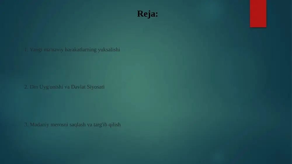 qalari kabi an'anaviy musiqaning qayta tiklanishiga guvoh bo'ldi, bu madaniy o'zlikni chuqur ta'sir qildi an'anaviy bayramlar va festivallar masjidlar, madrasalar (masalan, buxorodagi mir-i-arab madrasasi) tiklandi, sufizm amaliyotlari qayta jonlandi va toshkent, xiva kabi shaharlar madaniy hayotiga ta'sir ko'rsatdi. islom olimlarining va ta'limining qayta tiklanishi yuzlab diniy muassasalarni o'z ichiga oldi. o'zbek tili va adabiyotini rivojlantirish, milliy she'riyat festivallari, marg'ilon gilamchiligi va rishton kulolchiligi kabi an'anaviy san'atlarni saqlashga qaratilgan madaniy taraqqiyot. yuzlab muzeylar va madaniyat markazlari ochildi. o'zbek kinolari va uning madaniy ahamiyati 1991-yildan keyingi o'zbek kinosida milliy g'oya aks etgan filmlar ko'paydi. "oq kema" (90-yillar) kabi filmlar yangi erkinlikni, o'zbek madaniyati, samarqand, buxoro kabi landshaftlarini va urf-odatlarini namoyish etdi. dastlabki yillarda davlat moliyalashuvi milliy rivoyatlarning qayta tiklanishida muhim rol o'ynadi mustaqil o'zbekistondagi (1991-yildan keyin) ma'naviy taraqqiyotda sufiylik an'analari tiklanishi madaniy ijodga ta'sir ko'rsatdi. islom san'ati, me'morchiligi (masalan, toshkent, xiva masjidlari) va musiqasi qaytadan qiziqish uyg'otdi arxitektura merosi va uni muhofaza …