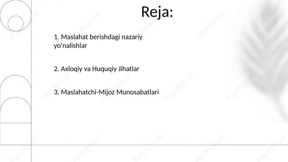 larni oʻz ichiga oladi va davolash usullariga taʼsir qiladi 4. shaxsiyat nazariyalari insonparvarlik nazariyalari (rodjers, maslou): shaxsga yo'naltirilgan terapiya (shartsiz ijobiy munosabat, empatiya, samimiylik); o'z-o'zini amalga oshirish; ehtiyojlar ierarxiyasi; subyektiv tajriba va shaxsiy o'sishga e'tibor; jamoatchilik ruhiy salomatlik markazlarida gestalt terapiyasi kabi turli terapevtik usullarda qo'llanilishi. psixodinamik nazariya (freud, yung, adler): ego, id, super ego; himoya mexanizmlari (bostirish, proeksiyalash); psixoseksual bosqichlar (og'iz, anal, fallik, latent, genital); transfer va kontrtransfer; turli xil populyatsiyalarda individual va guruh maslahat berish sharoitida qo'llanilishi (masalan, shahar sharoitida travma-xabardor parvarish). 5. axloqiy va huquqiy masalalar 20 dan ortiq mamlakatda chegarani buzish (ikki tomonlama munosabatlar) huquqiy javobgarlikka olib kelishi mumkin; qarshi o'tkazma, ishdan charchoq maslahatchining farovonligiga ta'sir qiladi; axloqiy amaliyot uchun nazorat (50 daqiqalik sessiyalar) juda muhim. axloqiy kodekslar (aca, apa) maslahatchining xatti-harakatlarini boshqaradi; malamatiy javobgarlik 40 shtat litsenziyasi qonunlariga, xabardor rozilikka (hipaa) bog'liq; maxfiylik buzilishi (tarasoff majburiyati) xabar berishni talab qiladi. 6. inson taraqqiyoti psixologik nazariyalarga …