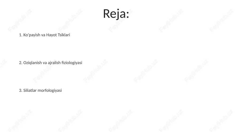 00-300 µm), turli shakllarga ega; o'lchamlari 50 µm dan 1 mm gacha, shakllari oval, terliksimon (paramecium caudatum), sharsimon (masalan, colpidium), cho'zilgan (masalan, vorticella), ko'pincha harakatlanish uchun kirpikchalarga ega (masalan, parameciumda 10 000 kirpikcha). killitsa morfologiyasi (masalan, tetrahymena, ~50 µm) pellikula tuzilmalarini ko'rsatadi; og'iz yorig'ining joylashuvi turlar orasida har xil bo'lib, oziqlanish xulqiga ta'sir qiladi fiziologik xususiyatlari: geterotrof oziqlanish (fagotsitoz, oziq vakuolalari orqali), osmoregulyatsiya (qisqaruvchi vakuolalar suv balansiga nazorat qiladi) va jinsiy ko'payish (konjugatsiya). modda almashinuvi tezligi turlar va atrof-muhit omillariga (harorat, oziq-ovqat mavjudligi) bog'liq; samarali energiya uzatish tizimlari mavjud (masalan, mitoxondriyalar). ogʻiz apparati va oziqlanish ko'pgina turlarda trixositlar (himoya) kabi maxsus organoidlar; qisqaruvchi vakuolalar gipotonik muhitlarda omon qolish uchun muhim bo'lgan osmotik muvozanatni tartibga soladi; ikkilik bo'linish, keng tarqalgan jinsiysiz ko'payish usuli, butun dunyo bo'ylab turli suvli yashash joylarida populyatsiya o'sishini ta'minlaydi. ko'payish: qo'shilish tetrahymena thermophila'da oziqlanish (masalan, og'iz yorig'ida suv oqimini yaratish uchun kirpikchalar, yutish uchun sitostom), osmoregulyatsiya (ortiqcha …