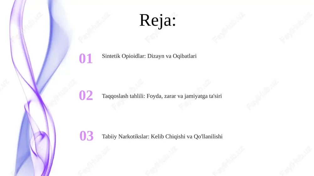lik global biznes, giyohvand moddalar savdosi tarmoqlarini (masalan, meksika, afgʻoniston xom ashyo yetkazib beruvchi) qoʻllab-quvvatlaydi, dozani oshirib yuborish holatlarini koʻpaytiradi va opioid inqiroziga hissa qoʻshadi kelajakdagi yo'nalishlar: tadqiqot va zararni kamaytirish tabiiy opioidlar tadqiqoti o'simliklardan (masalan, morfin miqdori 15% ga yuqori bo'lgan papaver somniferum kenja turlaridan) yangi og'riq qoldiruvchi birikmalarni aniqlash va ularni ekstraksiya usullarini optimallashtirishga (masalan, laboratoriya sharoitida 98% tozalikka erishish uchun superkritik co2 ekstraksiyasini qo'llash) qaratilishi kerak sintetik opioidlar: ishlab chiqarish va dizayni tabiiy narkotixlar, masalan, morfin (qoqon qoqnosidan), kodein, tebain, og'riq qoldiruvchi xususiyatlarga ega; tibbiyotda og'riqni davolashda qo'llaniladi; ammo, giyohvandlik va nafas olishning susayishi xavfi yuqori; xalqaro shartnomalar (masalan, 1961 yilgi narkotix moddalar to'g'risidagi yagona konvensiya) bilan tartibga solinadi. sun'iy opioidlar, masalan, fentanil (morfiydan 50-100 baravar kuchli), jahon bo'ylab yashirin laboratoriyalarda ishlab chiqariladi; xitoy va meksika asosiy ishlab chiqarish markazlari hisoblanadi qorong'u tomon: giyohvandlik va dozadan o'lish aqshda 2022-yilda opioid hadisalaridan vafot etganlar soni 100 000 dan …