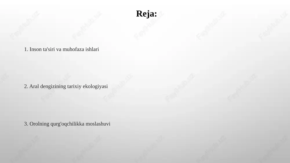 ng 100 g/l dan oshishiga, 24,000 km² baliqchilikka ta'sir ko'rsatdi, bioxilma-xillikni (masalan, oq baliq, sazan) kamaytirdi va o'zbekiston hamda qozog'istonni zararladi. tuproq sho`rlanishi keskin oshdi. xorazm viloyati va qoraquml cholida tuproq tarkibining o'zgarishi: sho'rlanishning ortishi (>2000 mg/kg ba'zi hududlarda), organik moddaning kamayishi (<1%), yuqori tuproq qatlami yo'qolishi va eroziya cho'lga aylanish va yerning degradatsiyasi markaziy osiyoning 70% dan ortiq qismini, jumladan, orol dengizi havzasini cho'lga aylanish tahdid qilmoqda; qiskarayotgan orol dengizi 5,5 million gektar tuzli yerni ochib qo'ydi, bu o'zbekiston va qozog'istonga ta'sir ko'rsatmoqda orol dengizi qisqarishi orol viloyati ekologiyasini vayron qildi; amudaryo va sirdaryo oqimlari 10-20% ga kamaydi, bu baliq turlarining 60% dan ko'prog'ining yo'qotishiga olib keldi suv sathi tebranishlari va ularning oqibatlari 1960-yillardan beri orol dengizi suv sathi taxminan 90% ga pasaydi; amudaryo va sirdaryo daryolari suvining olinishi 20-30 metr pasayishga sabab bo'lib, orolning qirg'oq ekologiyasi va sho'rlanishiga ta'sir qildi. baliqchilik qulab tushdi; noyob endemik turlar yo'qoldi; chang …