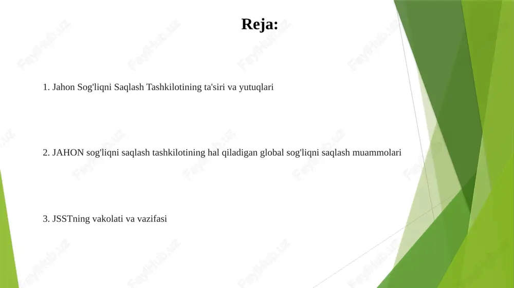 i byurokratik samarasizlik va ichki tuzilmaviy muammolar global sog'liqni saqlash inqirozlariga tezkor javob berishga to'sqinlik qiladi tarix va shakillanish jahon sog'liqni saqlash standartlari, ko'rsatmalari (masalan, kasalliklarning xalqaro tasnifi, kxt); 194 davlatga texnik yordam, o'qitish; kasalliklarni kuzatish, pandemiyaga tayyorgarlik bo'yicha dunyo bo'ylab 6 ta mintaqaviy idorasi orqali bmt agentliklari, nodavlat tashkilotlari (masalan, unicef, unaids) bilan hamkorlik. 1948-yil 7-aprelda, jenevada (shveysariya) tashkil topgan; millatlar ligasi sog'liqni saqlash tashkilotining vorisi; hozirda 194 a'zo davlat. dastlabki maqsad: global miqyosda vabo, sil va boshqa yuqumli kasalliklarni yo'q qilish; ikkinchi jahon urushidan keyingi sog'liqni saqlash ehtiyojlari muhim ahamiyatga ega edi. yutuqlar va taʼsirlar poliomielit deyarli yo'q qilindi: jahon bo'yicha kasallanish 1988 yildagi 350 000 dan 2022 yilda 1000 dan kamgacha 99% ga kamaydi. 120 dan ortiq mamlakatlarda emlash kampaniyalari orqali erishildi influenza pandemiyasiga tayyorgarlik: jsstning 1952-yildan beri 150 dan ortiq mamlakatni kuzatadigan global influenza nazorati va javob tizimi (gisrs), h1n1 (2009) va covid-19 (2020) pandemiyalariga tezkor …