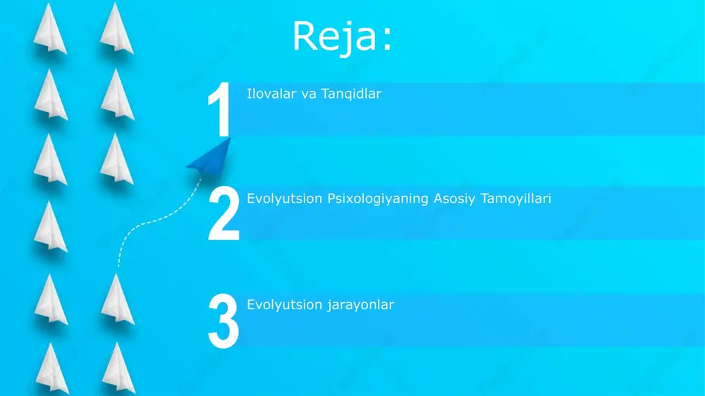 lar-yig'uvchilar, g'arb jamiyatlari) olingan ma'lumotlarni talqin qilishda tasdiqlash xatosining potentsialiga duch keladi epning moslashuv xavflariga e'tibor qaratib, tasodifiy hodisalar, genetik sürüşish va spandrellarning (moslashmagan xususiyatlarning) inson xulq-atvorini shakllantirishdagi ta'sirini e'tiborsiz qoldiradi. biologik determinizmga oid tanqidlar ijtimoiy va madaniy omillarning xulq-atvorga ta'sirini (masalan, jamiyatlarda farq qiluvchi gender rollari) inobatga olmasligi mumkin evolyutsion adaptatsiya muhiti (eam) start eea tahlili inson evolyutsiyasiga ta'sir ko'rsatgan tabiiy tanlanish bosimlarini (masalan, atrof-muhit beqarorligi, resurslar yetishmasligi, guruhlararo mojarolar) turli vaqt oralig'ida (masalan, millionlab yillar, minglab yillar) va geografik sharoitlarda (masalan, turli iqlim, relyef va yashash joylari) qayta tiklashga qaratilgan evolyutsion psixologiyaning asosiy tamoyillari e'tiboringiz uchun rahmat @taqdimot_robot image5.jpg image6.jpg image7.jpg image8.jpg image9.jpg image10.jpg image11.jpg image1.jpeg image2.jpeg image3.jpeg image4.jpeg