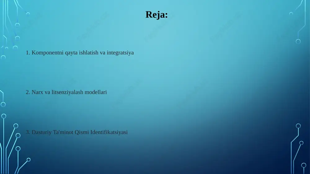 ifikatsiyalari (masalan, swagger, openapi) va manba kodidagi izohlar (masalan, java, python, c++) kiradi dastur qismlarini aniqlash va tasniflash tizimdagi dasturiy ta'minot komponentlariga noyob alfanumerik identifikatorlarni (masalan, p/n: 12345-abc-67890) tayinlashni o'z ichiga oladi (masalan, windows os, android ilovasida, linux yadro moduli) qismli moslik va integratsiya dasturiy ta'minot qismlarini qayta ishlatish muvaffaqiyatli dasturiy ta'minot qismlarini qayta ishlatish va boshqarish uchun githab, gitlab, npm kabi omborlar, jenkins, circleci kabi ci/cd quvurlari va make, ant kabi murakkab tuzilish tizimlari kabi mustahkam infratuzilma zarur dasturiy ta'minot qismlari ta'rifi `/home/user/projectx` papkasidagi `src`, `lib` va `tests` papkalarida joylashgan, 1000+ qatordan ortiq python kodi (funksiyalar, klasslar, modullar) dan iborat dasturiy ta'minot qismlari. 1.2 dastur 2 qatlamdan iborat: frontend (reactjs, html5, css3) va backend (node.js, express.js, rds instansiyasi "db-instance-1"dagi postgresql ma'lumotlar bazasi) e'tiboringiz uchun rahmat @taqdimot_robot image3.jpg image4.jpg image5.jpg image6.jpg image7.jpg image8.jpg image9.jpg image2.png