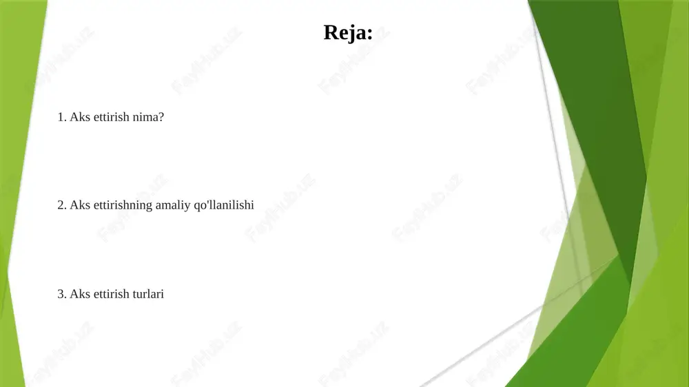 yasi texnologiyalari (quyosh energiyasini konsentrlash). statik aks ettirish veb-serverlar (masalan, tomcat, nginx) va desktop ilovalarda ruby ishlatiladi. serializatsiya, orm va test frameworklari uchun qo'llaniladi. statik refleksiya: java'ning `class` obyekti kompilyatsiya vaqtida metama'lumotlarni (masalan, metodlar, maydonlar) taqdim etadi; android ilovalari yoki jakarta ee serverlari kabi muhitlarda ishlaydigan bog'lanish in'ektsiyasi freymvorlari (masalan, spring) uchun foydali kompilyatsiya vaqti refleksiyasi (kompilyatsiya paytida mavjud metama'lumotlar, annotatsiyalardan keng foydalanadi) va bajarilish vaqti refleksiyasi (programma bajarilishi davrida kirish mumkin bo'lgan metama'lumotlar) mulohaza qilishning afzalliklari gibbs, jon va şon modellari. mulohaza kirish qo'llanmalar: ko'zgu (tekis, botiq, qavariq) aks etishdan foydalanadi (masalan, palomar tog'idagi teleskop ko'zgusida). retroreflektorlar (masalan, yo'l belgilarida, velosiped chiroqlarida) yorug'likni tushgan yo'li bo'ylab qaytaradi. optik tolalar uzoq masofalarga signallarni uzatish uchun to'la ichki aks etishga tayanadi. yansısh turlari: silliq yansısh aniq tasvir yaratadi (masalan, hammomdagi oynadagi aks), diffuz yansısh esa yorug'likni turli yo'nalishlarga sochadi va tasvir aniqligini pasaytiradi (masalan, xonadagi bo'yalgan devordan aks etgan yorug'lik) yoritilish: …