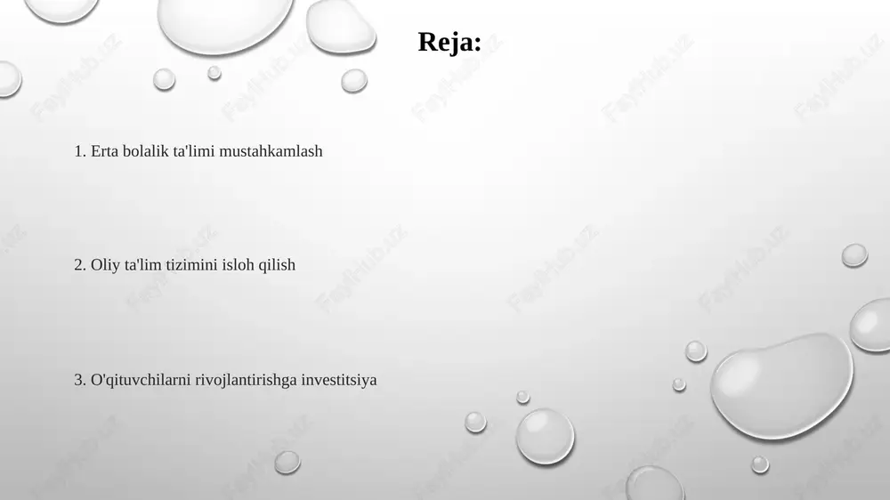 i (har bir viloyatda 2028 yilgacha kamida 2 ta yangi ixtisoslashgan maktab), "o'zbekiston-2030" strategiyasi talablariga muvofiq kasb-hunar ta'limi dasturlari bilan birga muhim ahamiyatga ega barqaror rivojlanish maqsadi 4: boshlang'ich va o'rta ta'limning umumiylashuvi (2030 yilga qadar 98% qamrov), o'qituvchi-o'quvchi nisbatini yaxshilash (2027 yilga qadar qishloq joylarda 1:25), nogiron bolalar uchun inklyuziv ta'limni rivojlantirish (2026 yilga qadar har bir viloyatda kamida 10 maxsus maktab) isloh oldidan ta'lim tizimi haqida umumiy ma'lumot ta'limga teng huquqli kirish, ayniqsa, olis hududlarda, kam ta'minlangan maktablarda, xususan, qoraqalpog'iston va surxondaryo viloyatlarida ta'lim sifatini yaxshilash hamda 6,5 million o'quvchini qamrab oluvchi tanqidiy fikrlash va ijodkorlik ko'nikmalarini rivojlantirishda muammolar saqlanib qolmoqda 2017 yildan beri amalga oshirilgan asosiy islohotlar: 12 yillik majburiy ta'lim tizimi (1-11 sinflar), 100% qamrovga erishish, 2018 yildan kompetensiyaga asoslangan ta'limga (stem fanlari), maktabgacha ta'limga kirishni kengaytirish (1,5 mln. dan ortiq bola), o'qituvchilarni tayyorlashga yillik 200 mln ta'limga kirish va tenglik maktab infratuzilmasini yaxshilash, o'qituvchilarni qayta …