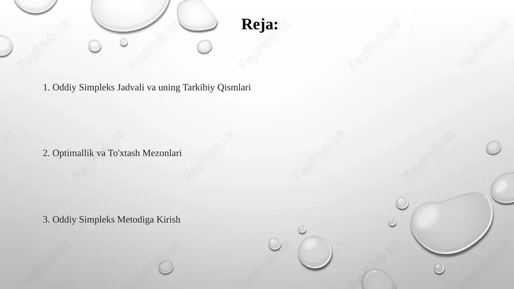 nksiyasi koeffitsientlari, cheklov koeffitsientlari va o'ng tomon qiymatlarini – simplex iteratsiyalari davomida tashkil qiluvchi matritsalardir. har bir jadval muayyan asosli yechimni ifodalaydi simpleks metodida optimallik mezonida barcha kamaytirilgan xarajatlar (cj-zj) manfiy bo'lmaganligini tekshirish; manfiy qiymat yaxshilangan yechim mumkinligini ko'rsatadi. barcha kamaytirilgan xarajatlar manfiy bo'lmagan bo'lganda optimal yechim topiladi, maqsad funksiyasining qiymatini cheklovlar bilan belgilangan mumkin bo'lgan sohada optimal tepada maksimal qiladi lineer dasturlash muammosining standart ko'rinishi simpleks jadvali bfs, maqsad funksiyasi qiymatini va kamaytirilgan tannarxlarni ko'rsatadi. har bir qator cheklov tenglamasini (masalan, a shahardagi zavoddagi resurslar taqsimoti, b shahardagi ombordagi resurslarni ishlatish) ifodalaydi. ustunlar o'zgaruvchilarni (qaror qabul qilish o'zgaruvchilari va ortiqcha/kamchilik o'zgaruvchilari) ifodalaydi oddiy chiziqli dasturlash masalasi (odçm): z = c₁x₁ + c₂x₂ + ... + cₙxₙ ni maksimal/minimal qilish, shartlar: a₁₁x₁ + a₁₂x₂ + ... + a₁ₙxₙ ≤/≥/ = b₁, ..., aₘ₁x₁ + aₘ₂x₂ + .. simpleks usuli takrorlanuvchi ravishda asosiy yaroqli yechimni (ayy) optimal holatga yaqinlashtiradi. jadval/matritsa formati …