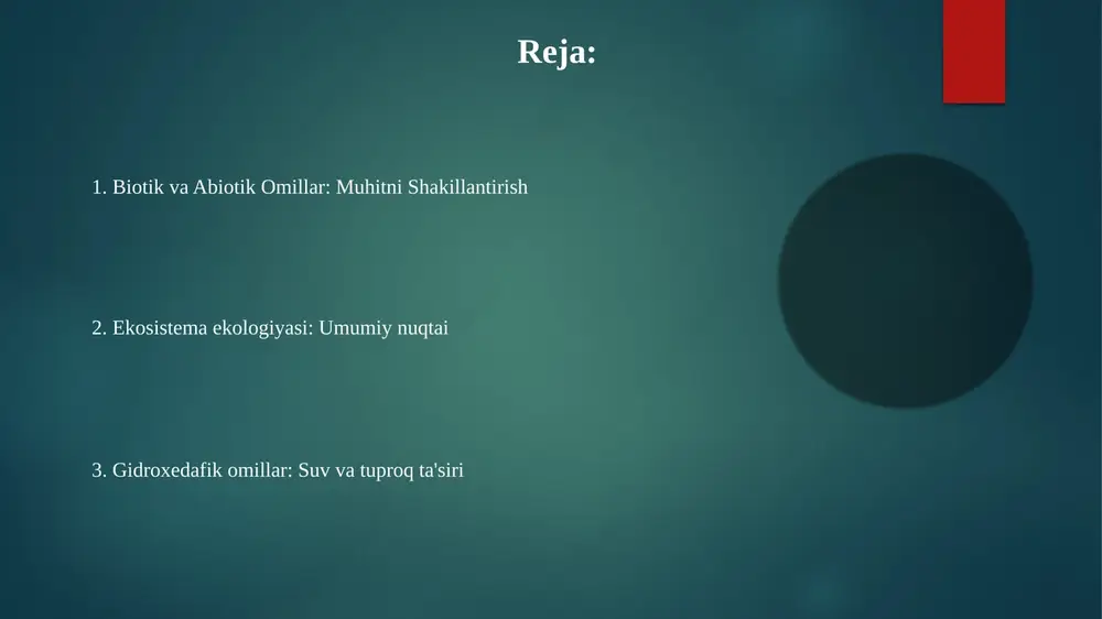 s americanus) soniga qarab o'zgaradi, bu yuqoridan boshqarilishni ko'rsatadi atrof-muhit omillari (masalan, iqlim o'zgarishi, global botqoqliklarning 30%iga ta'sir etuvchi ifloslanish) iste'molchi-resurs o'zaro ta'sirlariga sezilarli darajada ta'sir qiladi biotik omillar: o'zaro ta'sir va dinamika abiotik omillar (masalan, temperatura, yorug'lik, ozuqa moddalari) biotik o'zaro ta'sirlarga sezilarli ta'sir ko'rsatadi. temperatura gradiyentlari (masalan, tog'li o'tloqda 25°c-0°c) turli xil turlar tarkibiga ega bo'lgan aniq zonalarni yaratadi gidroxedafik omillar (suv va tuproq sharoitlari) biotik jamoalarga katta ta'sir ko'rsatadi. biotik oʻzaro taʼsirlar ekosistema dinamikasini boshqaradi; yirtqich-oʻlja munosabatlari (masalan, kanadaning boreal oʻrmonlaridagi lins-quyon sikllari) populyatsiya oʻlchamlari va jamoa tuzilishiga taʼsir qiladi oziq-ovqat zanjiri va trofik darajalar ekosistemlar murakkab oziq-ovqat zanjirlariga ega; masalan, yellowstone milliy bog'ining oziq-ovqat zanjiri ishlab chiqaruvchilarni (masalan, lodgepole qarag'ayi), o't o'simliklarini iste'mol qiluvchilarni (masalan, bug'u), yirtqichlarni (masalan, bo'rilar) va parchalovchilarni (bakteriyalar va zamburug'lar) o'z ichiga oladi o'tloqli ekosistemada uchta trofik daraja: 1-daraja – fotosintez orqali quyosh energiyasini o'zlashtiruvchi o'tlar (produsentlar); 2-daraja – o'tlar bilan oziqlanuvchi …