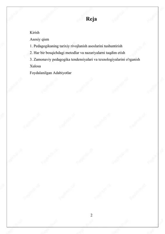 iyalashib, ta’lim metodlari va tizimini yanada rivojlantirdi. hozirgi zamonda pedagogika keng qamrovli, multidisipliner ilmiy soha bo‘lib, ta’lim texnologiyalari, onlayn ta’lim, individual va guruh shaklida o‘qitish metodlarini o‘z ichiga oladi. bu bosqichda pedagogik rivojlanish innovatsiyalar, texnologiyaning integratsiyasi va shaxsga yo‘naltirilgan ta’lim konseptlari bilan ajralib turadi. rivojlanish bosqichlarini tahlil qilishda, shuningdek, pedagogik fikrlar va metodlarning tarixiy rivojlanishini, ularning amaliyotga ta’sirini va zamonaviy pedagogikaning asosiy tendensiyalarini o‘rganish muhimdir. bu yondashuv yordamida pedagogikaning rivojlanish jarayoni chuqurroq tushuniladi va uni yanada rivojlantirish uchun muhim yo‘nalishlar aniqlanadi. xulosa qilib aytganda, pedagogikaning rivojlanish bosqichlari inson tafakkurining, madaniyat va texnologiyalarning rivojlanishi bilan bevosita bog‘liq bo‘lib, har bir bosqich yangi nazariyalar, metodlar va yondashuvlar bilan boyib kelgan. bu jarayon hozirgi kunda ham davom etmoqda, va pedagogik nazariyalar va amaliyotlar doimo yangilanib, zamonaviy ehtiyojlarga mos kelmoqda. i. pedagogikaning tarixiy rivojlanish asoslarini tushuntirish pedagogikaning rivojlanish bosqichlarini tushuntirishda, uning tarixiy jarayonini va har bir davrda yuzaga kelgan asosiy yondashuvlar va nazariyalarni tushunish …
