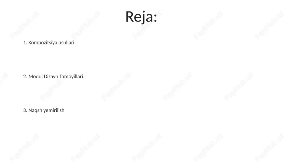 geometrik, gulli yoki mavhum) foydalanadi, simmetriya (radial, ikki tomonlama) va ritm (vizual oqim va muvozanatni yaratadi) dan foydalanadi naqsh tarkibi prinsiplari vizual muvozanatga erishish naqsh zichligi, kontrast (masalan, yorug‘lik/qorong‘ulik, rang to‘yinganligi) va dizayn maydoni bo‘ylab o‘lcham o‘zgarishlarini (masalan, yuqori zichlikdagi naqsh maydoni past zichlikdagi maydon bilan qarama-qarshi) boshqarishni o‘z ichiga oladi kompozitsiyaviy dizayn yaqinlik, oʻxshashlik, davomiylik, yopiqlik, shakl-fon munosabatlari kabi printsiplar orqali (geometrik: uchburchak, doira; organik: gulli, bargli) naqsh elementlarini birlashtiradi va vizual ogʻirlik taqsimotini taʼsir qiladi dizayn tizimlarini joriy etish komponentli dizayn, shablon kutubxonalaridan foydalanib, oddiy shablonlarning (kartalar, navigatsiya menyulari) 10 dan ortiq variantini yaratadi va qayta ishlatiladigan kod bo'laklari (masalan, react komponentlari, css modullari) orqali ishlab chiqish vaqtini 15% qisqartiradi dizayn samaradorligini o'lchash milan shahrida ishlab chiqarilgan 6 xil mebel dizayni uchun naqsh modulligining samaradorlikka (xarajat, vaqt) ta'sirini miqdoriy baholash. regressiya tahlili yordamida 3 ta modullilik darajasi (yuqori, o'rta, past) 20 ta ishlab chiqarish parametri (masalan, material chiqindilari, …