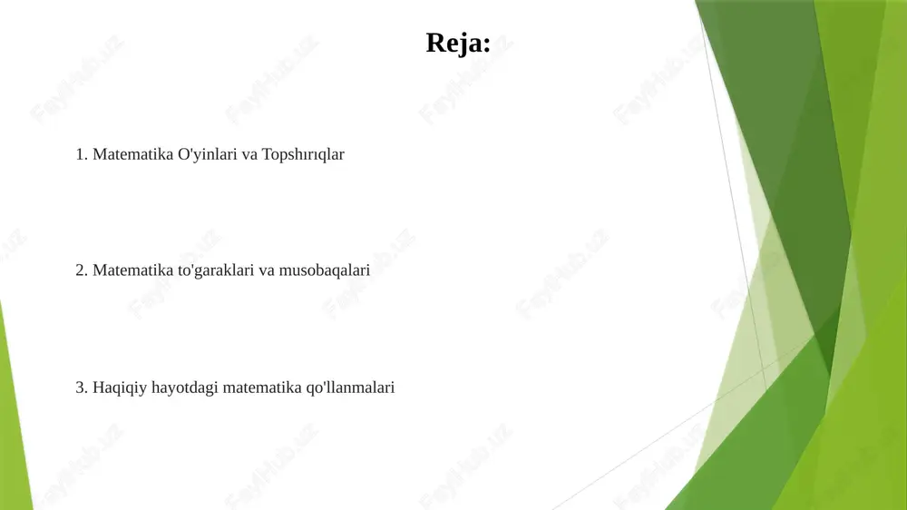 na tasmalar) fazoviy fikrlashni rivojlantiradi, 2d shakllar (uchburchak, kvadrat, to'rtburchak) yaratish va yuzani/perimetrni o'rganishga yordam beradi. singapur matematikasi modellashtirish usuli so'z masalalarida vizual yordamchilarni sonli ifodalar bilan birlashtiradi. matematika to'garaklari va musobaqalari matematika olimpiadalari (masalan, 8-sinf va undan past sinflar uchun mathcounts, amc 8) aqshning turli shtatlarida va xalqaro miqyosda arifmetika, algebra, geometriya va kombinatorika bo'yicha individual va jamoaviy musobaqalarni o'z ichiga oladi. hududiy va milliy bosqichlar stipendiyalar beradi. onlayn matematika resurslari va platformalari khan academy, ixl learning va prodigy game kabi onlayn platformalar k-5 sinflar uchun turli o'quv dasturlari (umumiy yadro, singapur matematikasi) bo'yicha turli xil boshlang'ich matematika resurslarini (masalan, geometriya, algebra, pre-algebra) taklif qiladi matematika olimpiadalari (masalan, mathcounts, amc 8), matematika to'garaklari (maktab va jamoat markazlarida masalalar yechish, topishmoqlar) va stem yarmarkalarida ishtirok etish (mamlakat bo'ylab shaharlarda matematik tushunchalarni namoyish etuvchi loyihalar). son hisob-kitob mashqlari o'lchov faoliyatlari (uzunlik, vazn, hajm) - chiziq, tarozi, o'lchov stakanlari; shakl va ranglar …