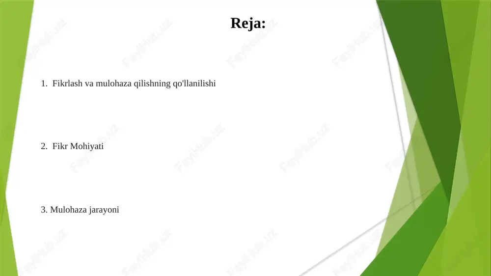 nazariy ramkalarning chegaralarini tekshiradi. tesey kemasi (qadimgi yunon paradoksi) yoki troley muammosi (20-asr axloqiy dilemmasi) kabi falsafiy fikr tajribalari, gipotetik stsenariylarni taqdim etib, asosiy tushunchalarni (shaxs, axloq) o'rganadi; axloqiy tanlov va ontologik savollar bo'yicha turli sohalarda (masalan, axloq, metafizika) tanqidiy fikrlashni rag'batlantiradi. mulohaza tabiati mulohaza yuritish (o'z fikrini tahlil qilishni o'z ichiga olgan metakognitsiya jarayoni) turli sohalarda (matematika, qadimgi yunonistondagi falsafa, zamonaviy psixologiya) muammo yechishga katta ta'sir ko'rsatadi ko'zgu neyronlari, makaqa maymunlarining premotor korteksida (rizzolatti va boshqalar, 1996) topilgan va keyinchalik odamlarda aniqlangan, kuzatish orqali o'rganish va empatik tushunishda muhim rol o'ynaydi stoizm (qadimgi rim) va ekzistensializm (20-asr yevropasi) kabi maktablarda falsafiy tadqiqotlar, aks ettirish tabiatini keng o'rganadi. sokratning afinadagi savol-javob uslubi axloqiy rivojlanish uchun o'z-o'zini tekshirishni ta'kidlagan tuyg'uning fikrlashdagi roli xavotir, quvonch, qayg'u kabi his-tuyg'ular turli fikrlash jarayonlariga har xil ta'sir qiladi. masalan, xavotir potentsial tahdidlarga e'tiborni oshirib, aniqlash aniqligini yaxshilaydi (ba'zi tahdidga oid vazifalarda 90% ga yetadi), lekin …
