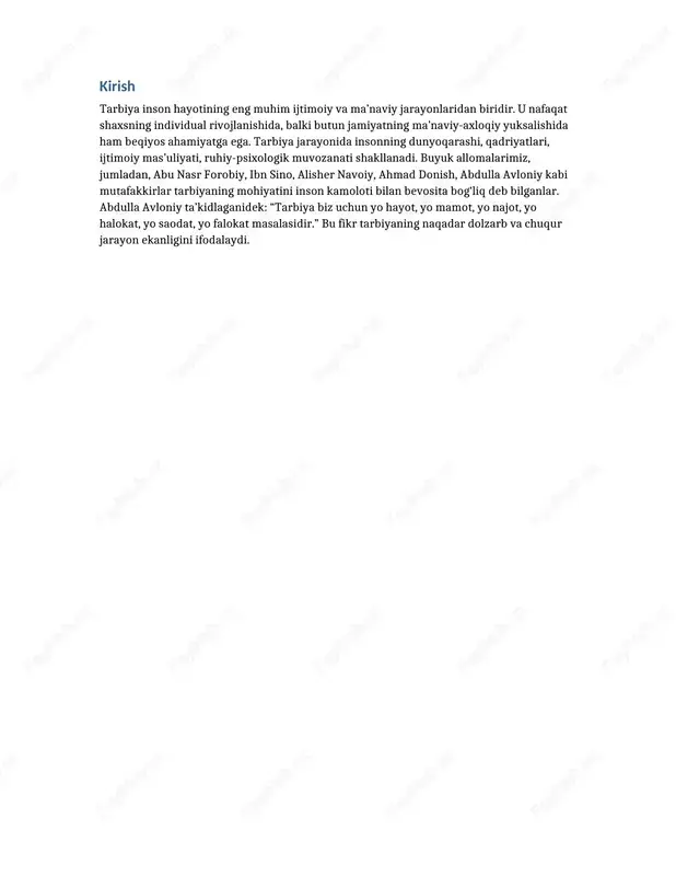oiy muhit omillari asosida shakllanadi. masalan, a. bandura tomonidan ilgari surilgan ijtimoiy-kognitiv nazariya tarbiya jarayonida kuzatuv va taqlidning ahamiyatini asoslab beradi. shaxs o‘z atrofidagi shaxslar — ota-ona, o‘qituvchi, do‘stlar orqali ijobiy yoki salbiy xulq namunalari shakllantiradi. shayx muhammad sodiq muhammad yusuf hazratlari o‘z asarlarida tarbiyaning ma’naviy ildizlariga alohida urg‘u berganlar. u zot deydilar: “farzandni tarbiyalash — bu nafaqat ota-onaning, balki butun jamiyatning burchidir. har bir bola allohning omonati, unga e’tibor bermaslik — kelajakni yo‘qotish demakdir.” bu fikrlar tarbiyaning diniy-axloqiy asosini yanada mustahkamlaydi. zamonaviy pedagogik tadqiqotlarda tarbiya jarayonida motivatsion mexanizmlar, emotsional intellekt va kommunikativ kompetensiya muhim o‘rin tutadi. psixologik yondashuvda esa insonning ruhiy holati, stressni boshqarish, empatiya va o‘z-o‘zini anglash jarayonlari tarbiyaning ajralmas qismidir. bugungi globallashuv davrida tarbiya jarayoni faqat bilim berish bilan cheklanmay, balki shaxsda mustaqil fikrlash, mas’uliyat, tolerantlik va axloqiy qadriyatlarni rivojlantirishga yo‘naltirilmoqda. 2. arbiya jarayonining psixologik-pedagogik asoslari tarbiyaning ushbu qismi shaxs kamoloti va pedagogik jarayonlar o‘zaro bog‘liqligini chuqur …